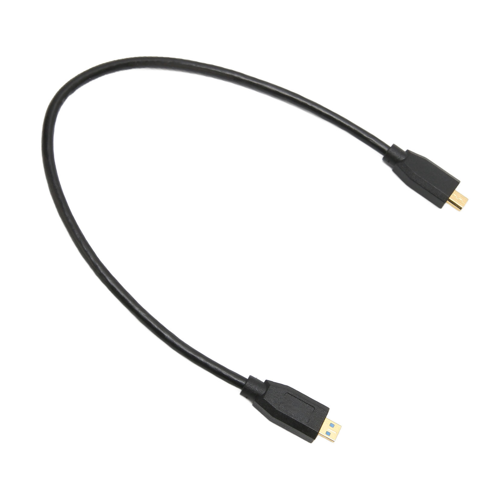 Ein schwarzes USB-Kabel mit zwei Anschlüssen vor weißem Hintergrund.