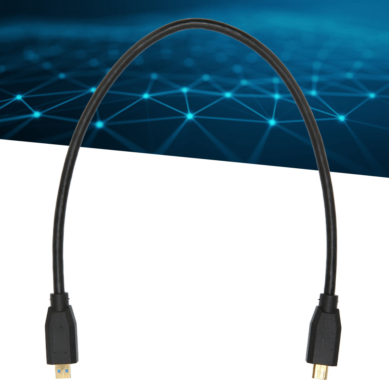 Ein schwarzes USB-Kabel mit zwei Anschlüssen vor verschwommenem, blauem Licht.