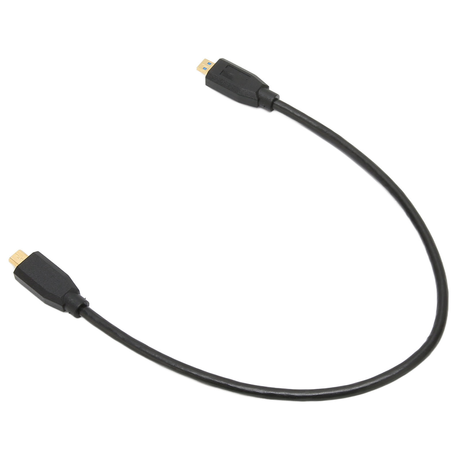Ein schwarzes USB-Kabel mit zwei Anschlüssen vor weißem Hintergrund.
