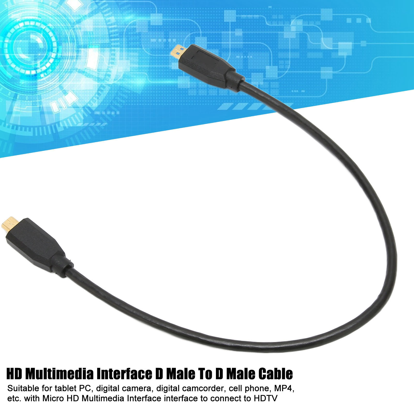 Ein schwarzes Kabel mit zwei Steckern, beschriftet mit 'HD Multimedia Interface D Male to D Male Cable'.