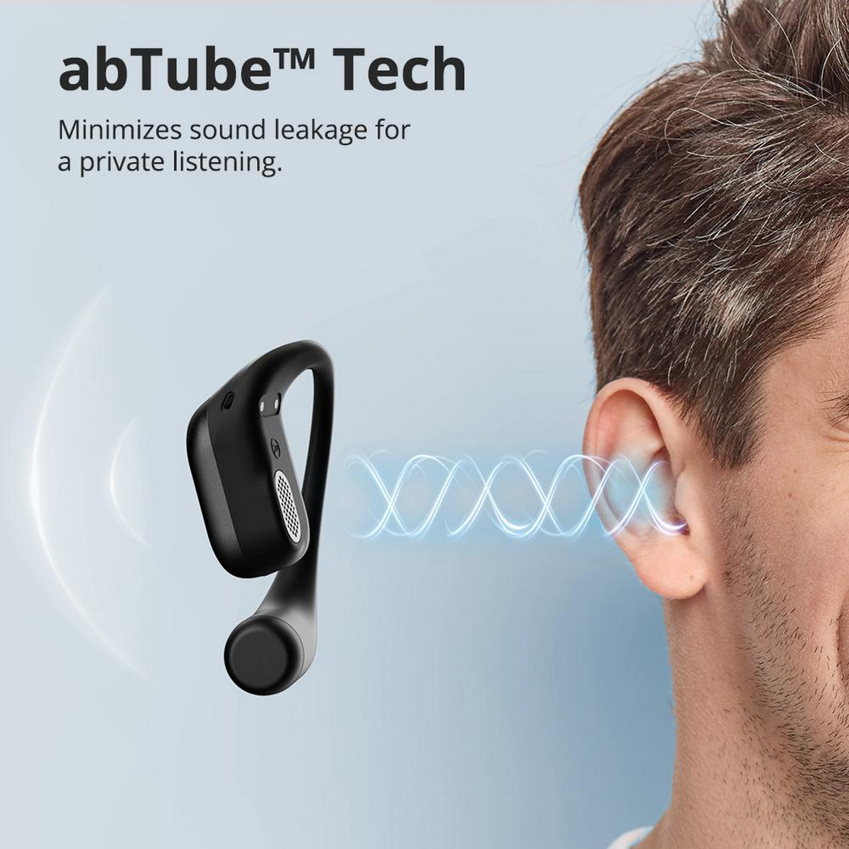 Mann mit schwarzem Ohrhörer, mit weißen Audiowellen.