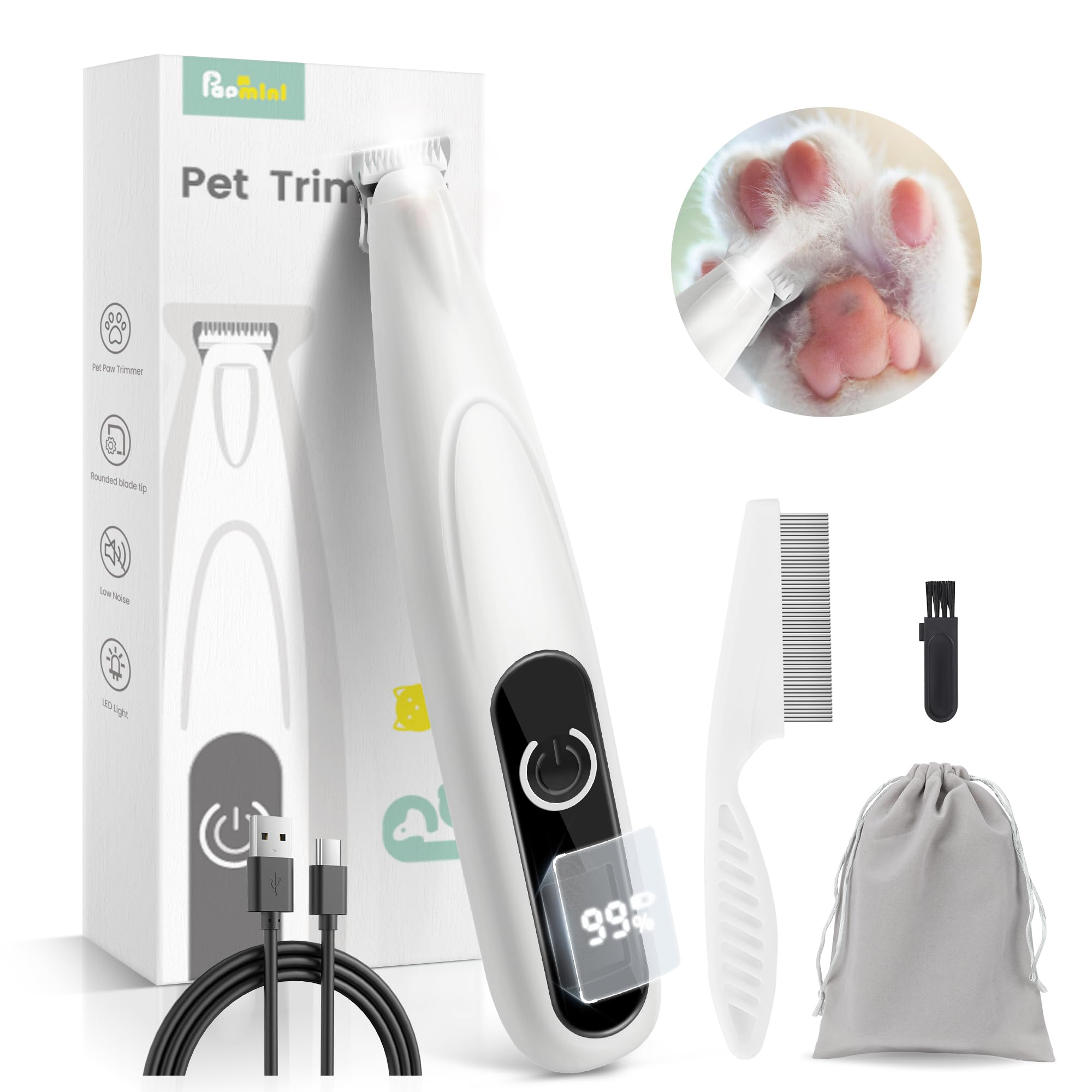 Weißer Haustier-Nageltrimmer mit Zubehör. Enthält Trimmer, Kamm und Beutel. Eine Tierpfote wird getrimmt.