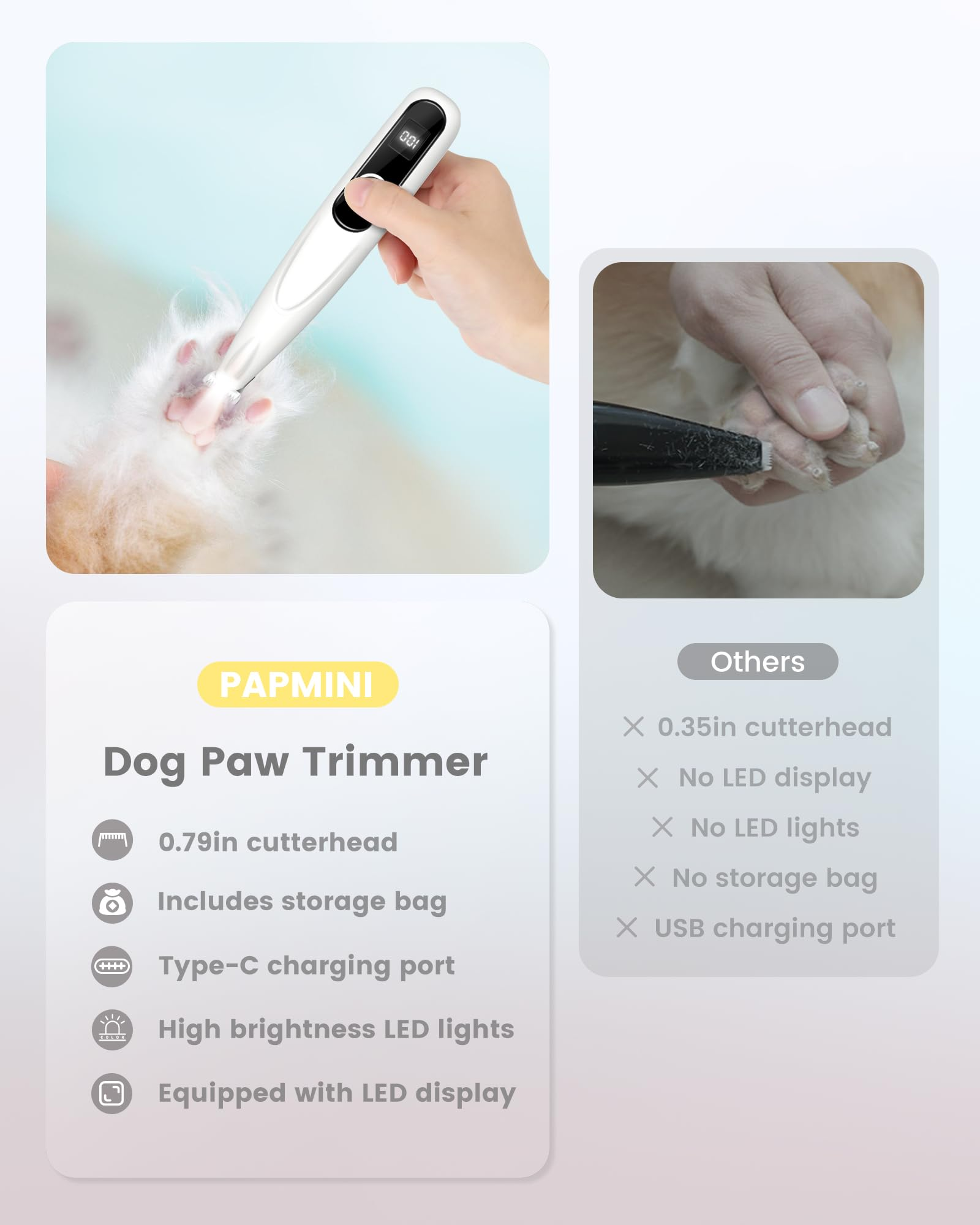 Ein Hundepfoten-Trimmer mit Funktionen. Er beinhaltet einen Trimmerkopf, LED-Anzeige und Aufbewahrungstasche.