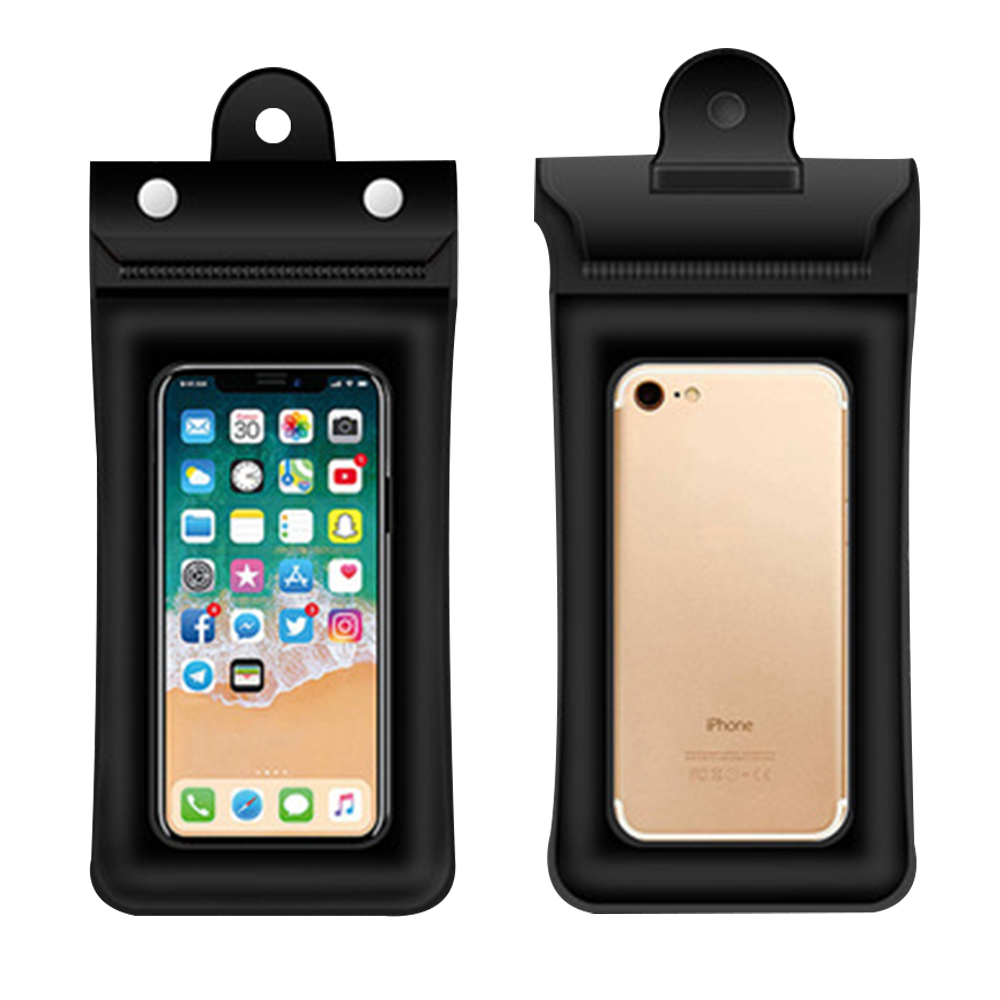 Zwei schwarze wasserdichte Handyhüllen. Eine zeigt ein Telefon mit Apps, die andere die Rückseite.