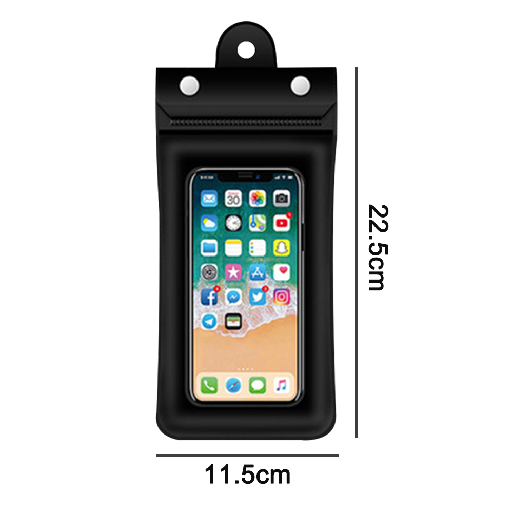Eine schwarze wasserdichte Handyhülle mit einem Telefon darin. Die Hülle hat markierte Abmessungen.