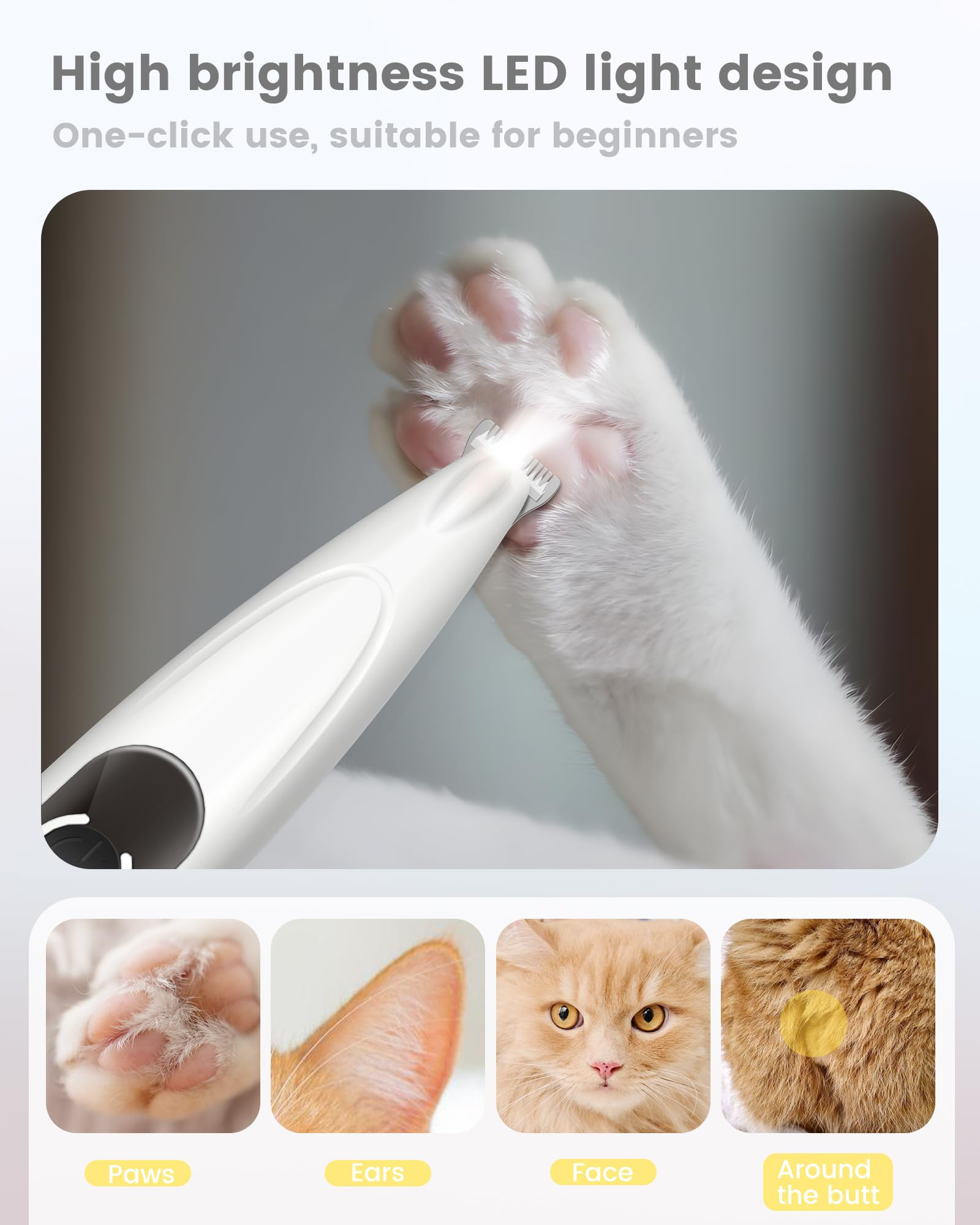 Ein Fellpflege-Werkzeug, das die Pfote einer Katze trimmt. Es gibt weitere Bilder von Katzenohren, Gesicht und Po.