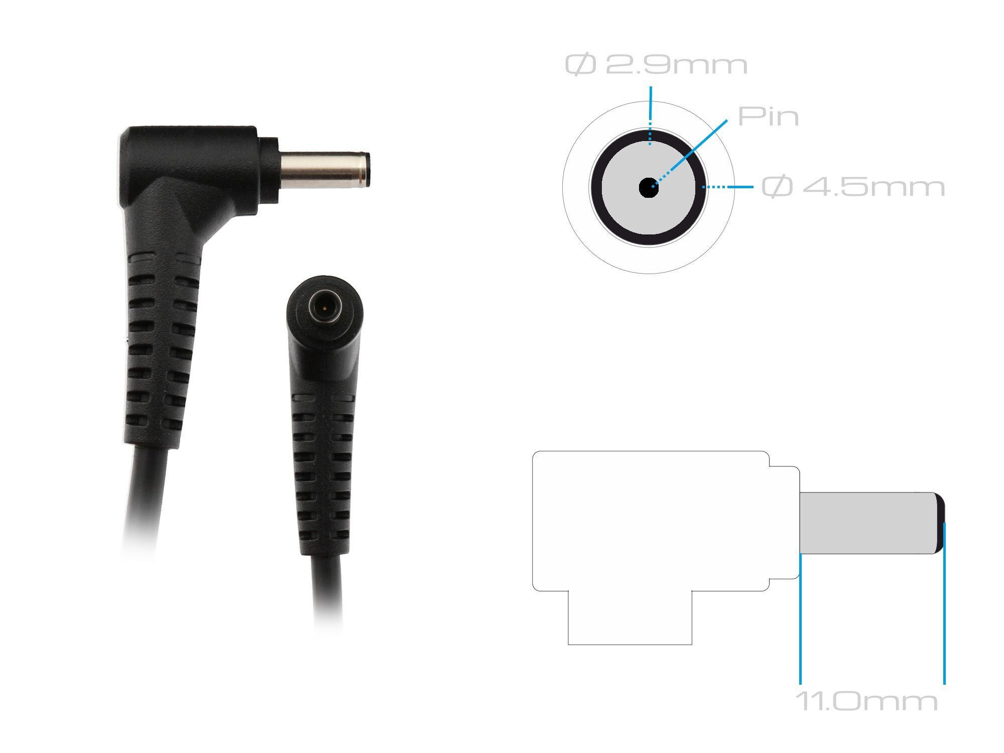 Diagramm eines schwarzen Netzadapteranschlusses mit Abmessungen.