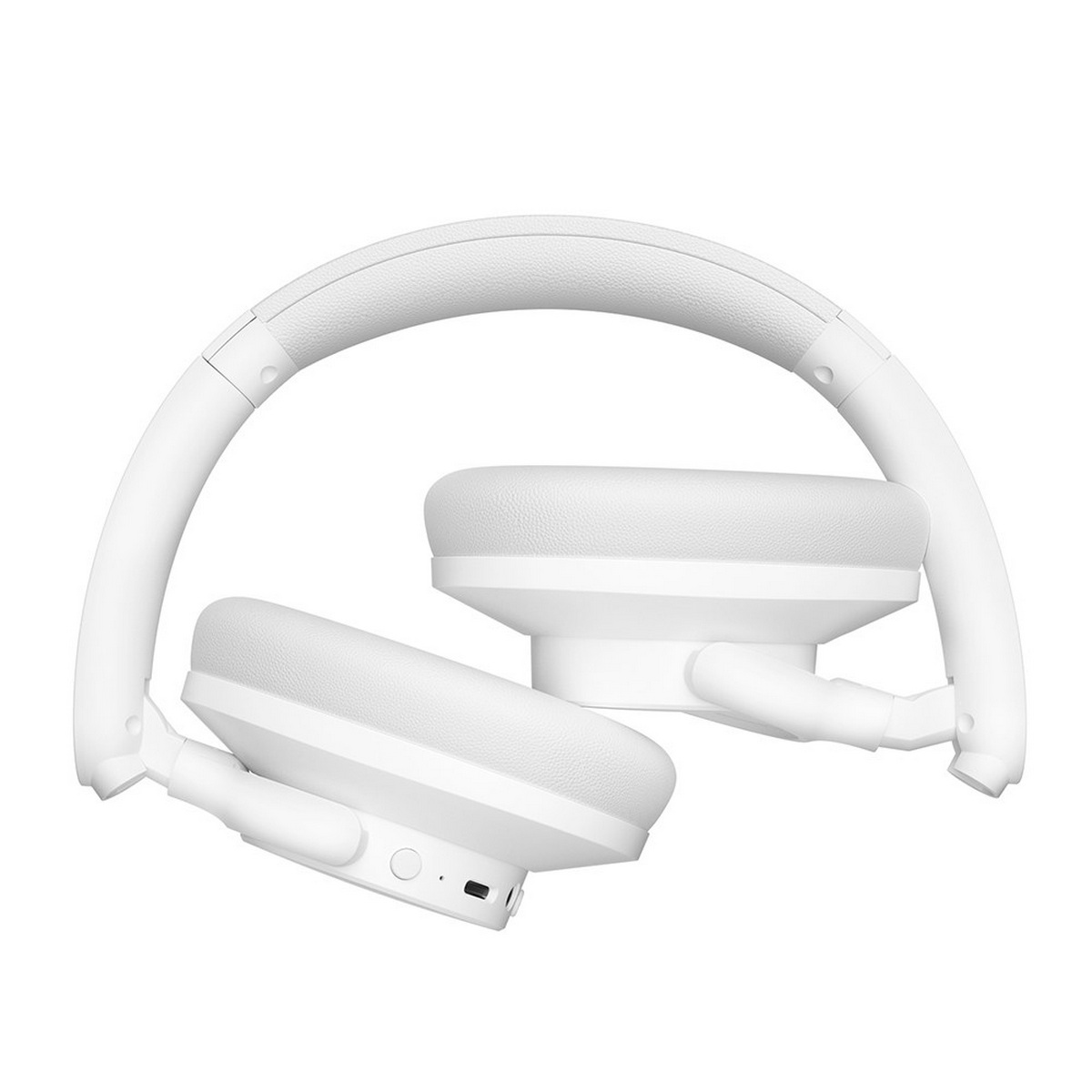 Auriculares blancos plegados. Se ven las almohadillas y la diadema curvada.