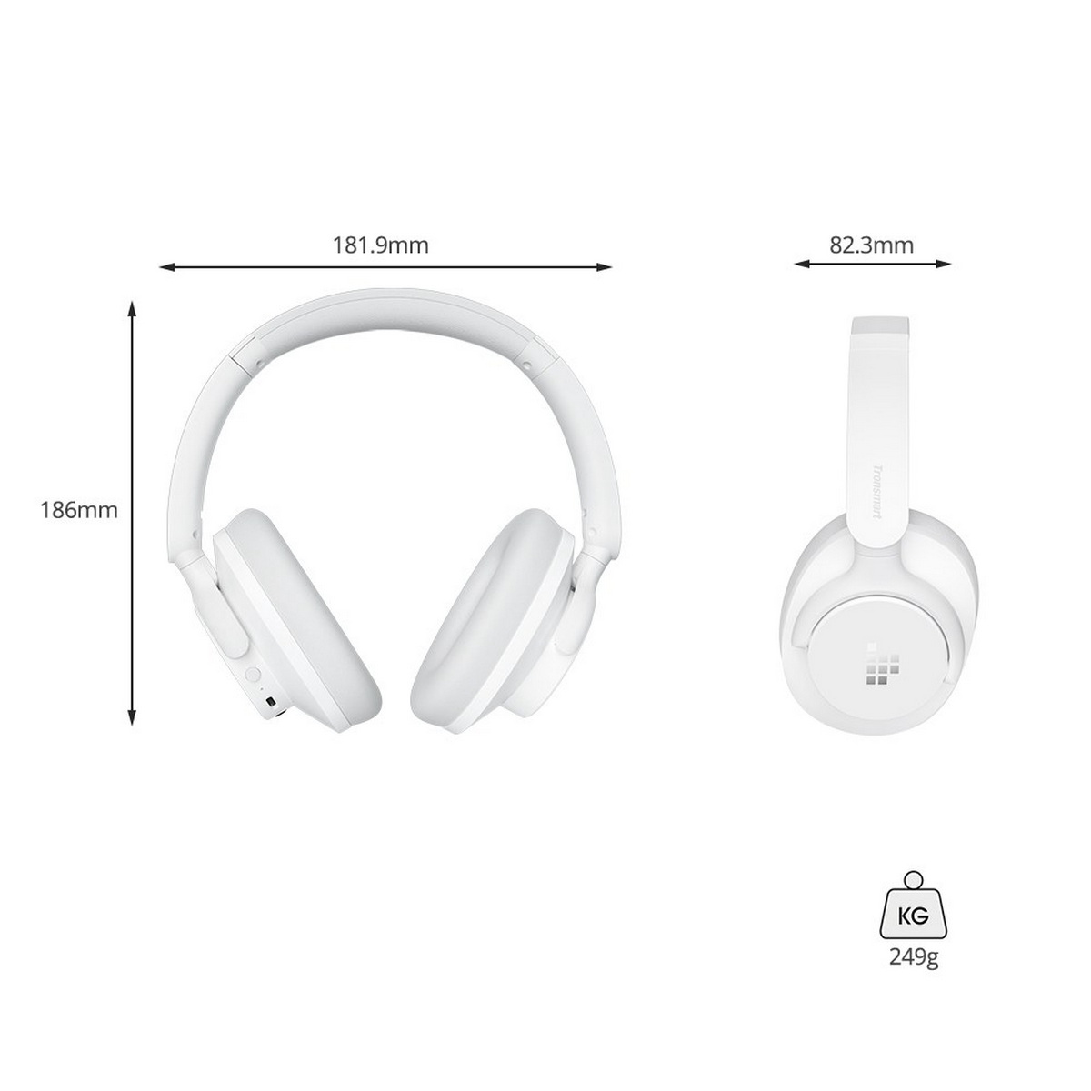 Auriculares blancos con dimensiones, que muestran ancho y altura.