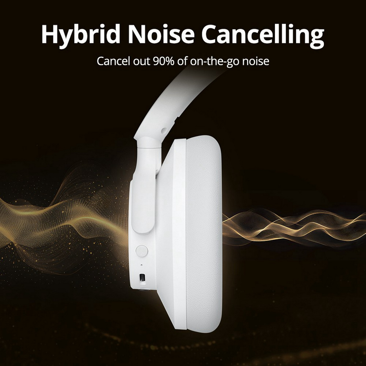 Auriculares blancos sobre fondo dorado con texto 'Hybrid Noise Cancelling'.
