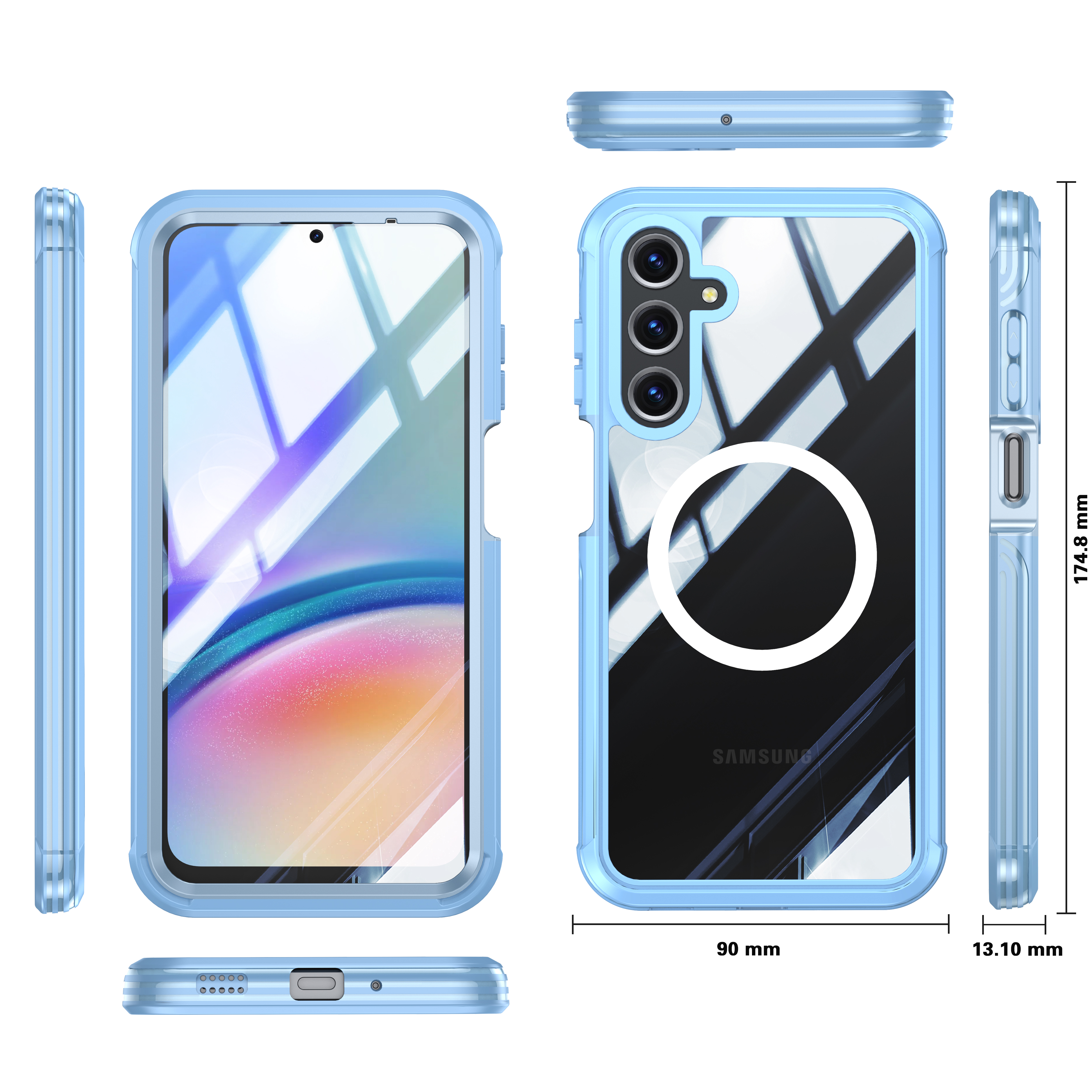 Custodia blu per telefono con dimensioni e telefono all'interno, varie angolazioni, su sfondo bianco.