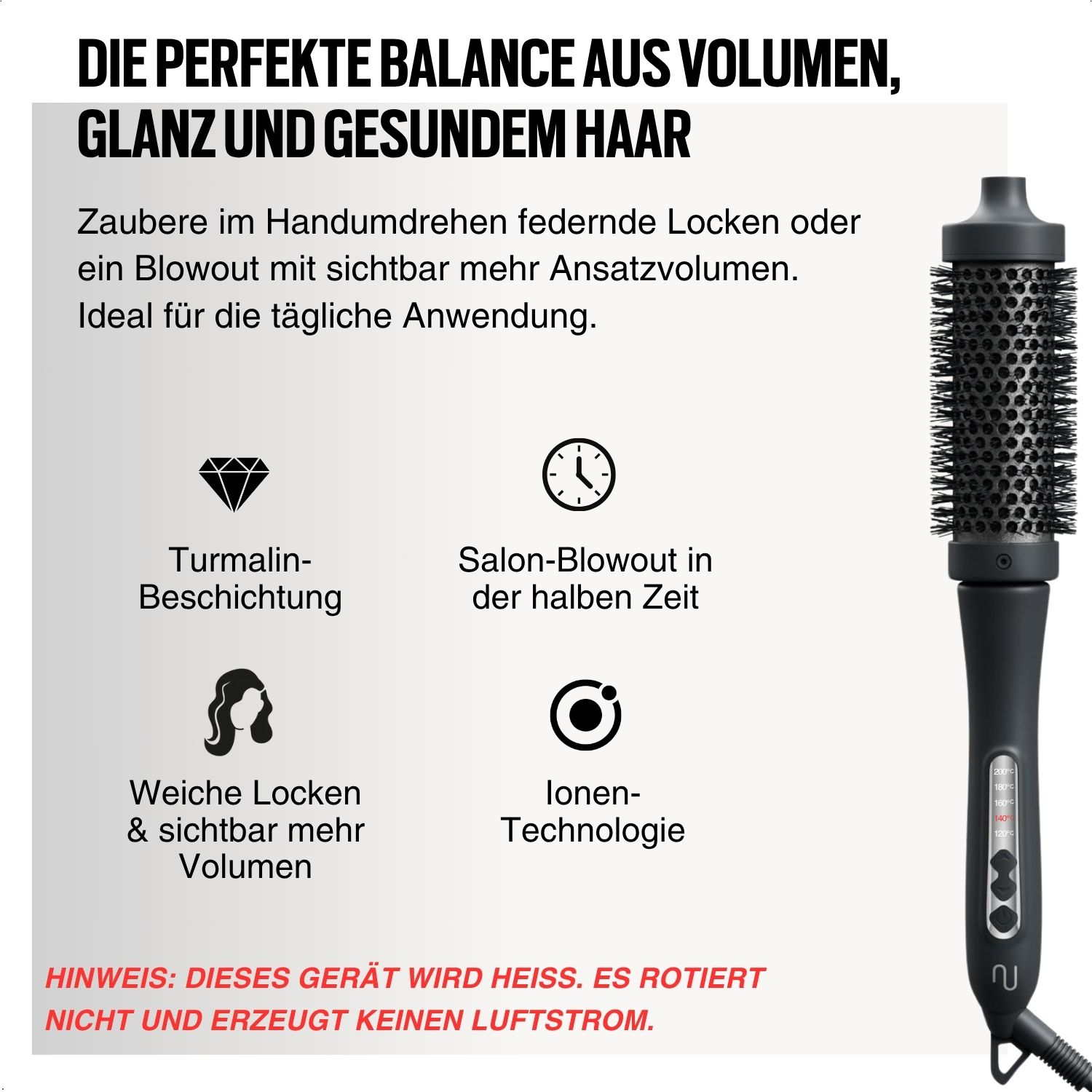 Eine schwarze Haarstylingbürste mit Text, der Merkmale beschreibt. Die Bürste befindet sich auf weißem Hintergrund.