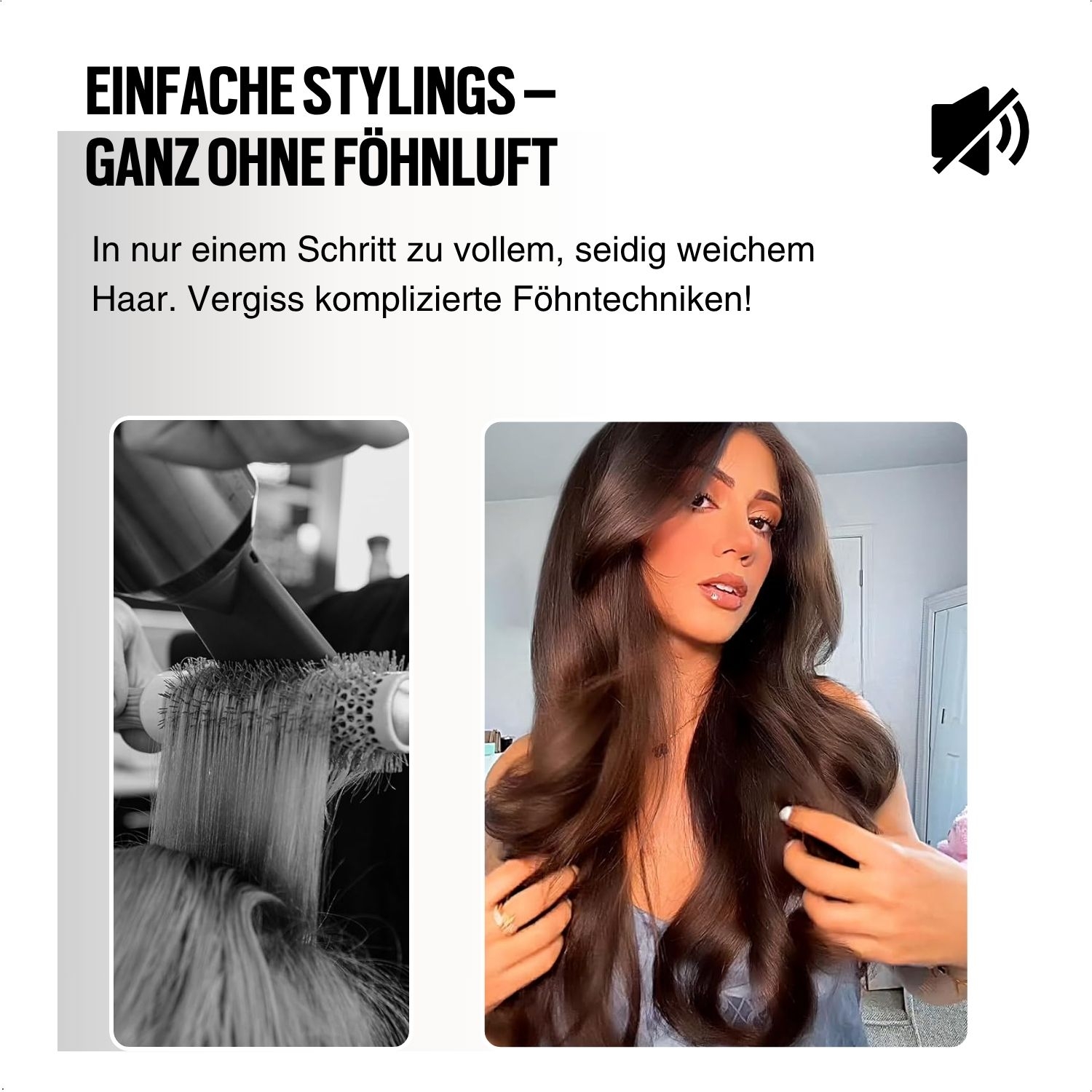 Zwei Bilder, die Haarstyling zeigen, mit dem Text 'EINFACHE STYLINGS - GANZ OHNE FÖHNLUFT'.