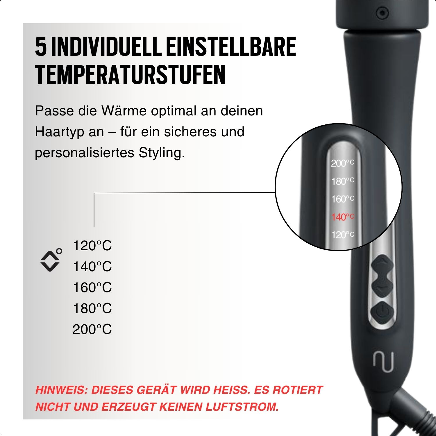 Haarstylingbürste mit Temperatureinstellungen. Die Bürste ist schwarz. Text und Zahlen an der Seite.