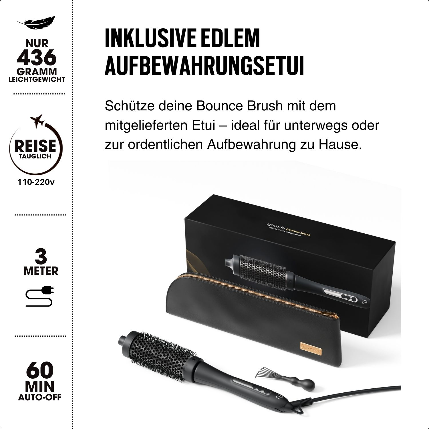 Haarstylingbürste mit Zubehör in einem schwarzen Etui, mit Text und Symbolen.