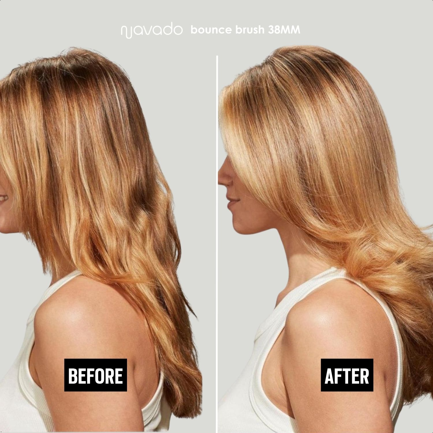 Eine Frau mit blondem Haar, die Vorher-Nachher-Ergebnisse nach der Verwendung eines Haarprodukts zeigt.