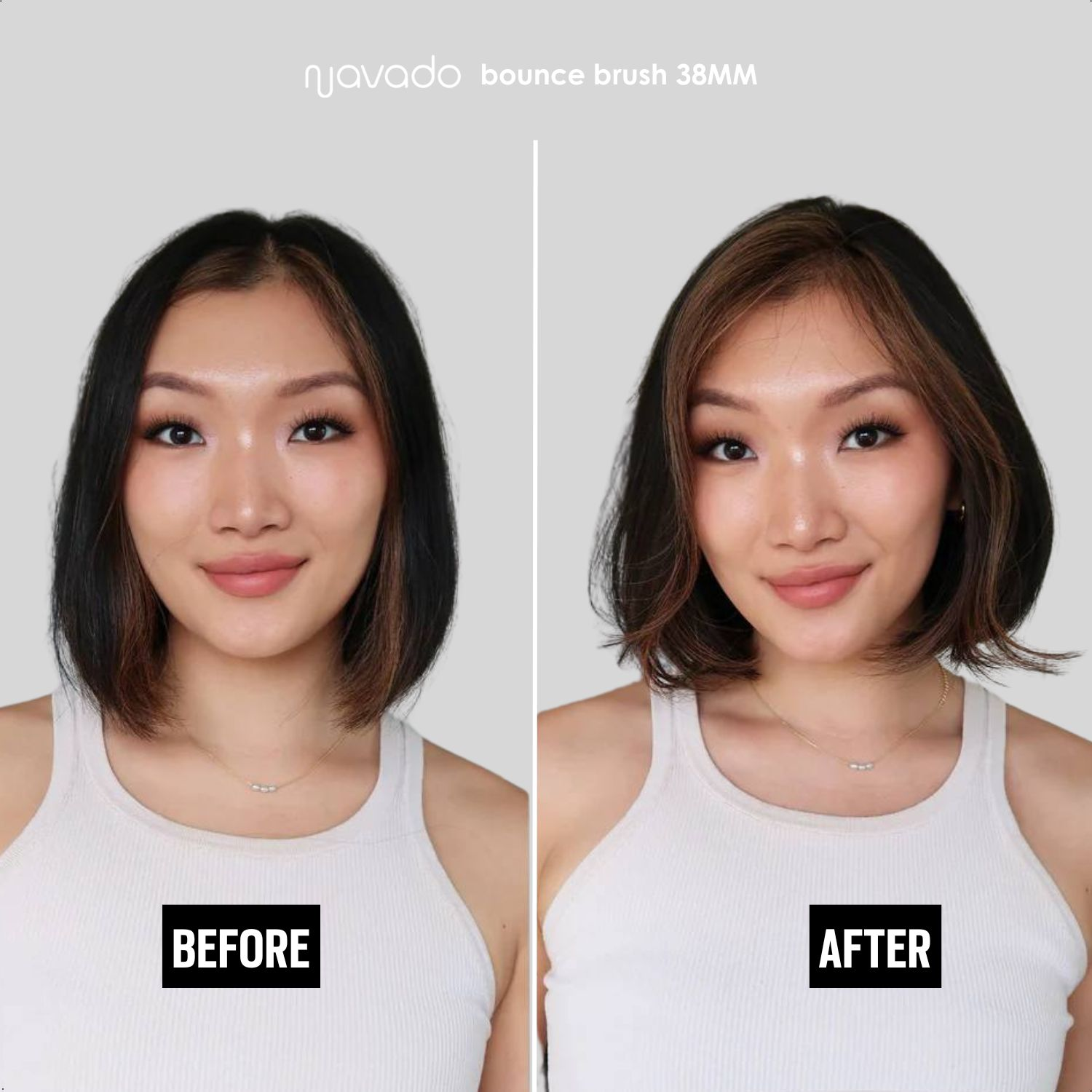 Vorher-Nachher-Bilder zeigen eine Frau mit unterschiedlichen Frisuren, schwarzen und braunen Haaren und einem weißen Tanktop.