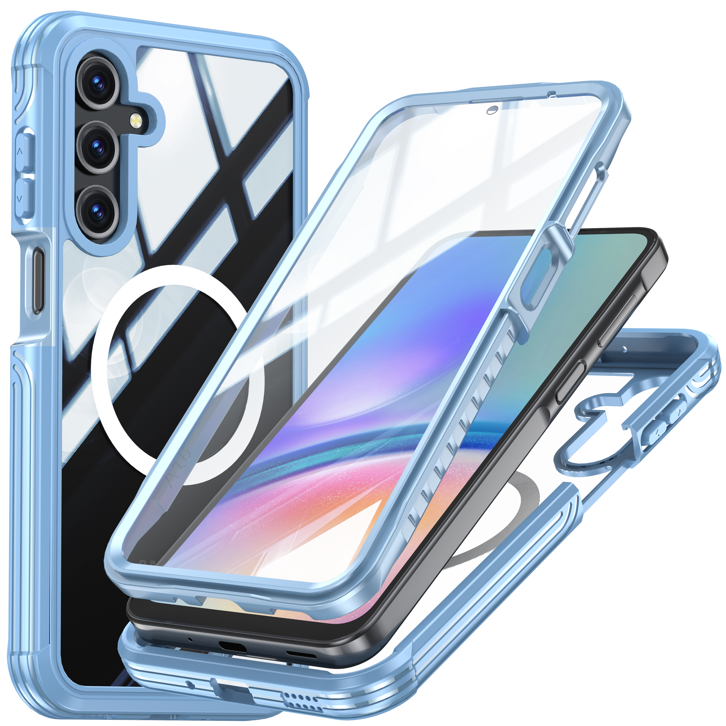 Custodia blu per telefono, aperta, con telefono all'interno. La custodia è azzurra. Sfondo bianco.
