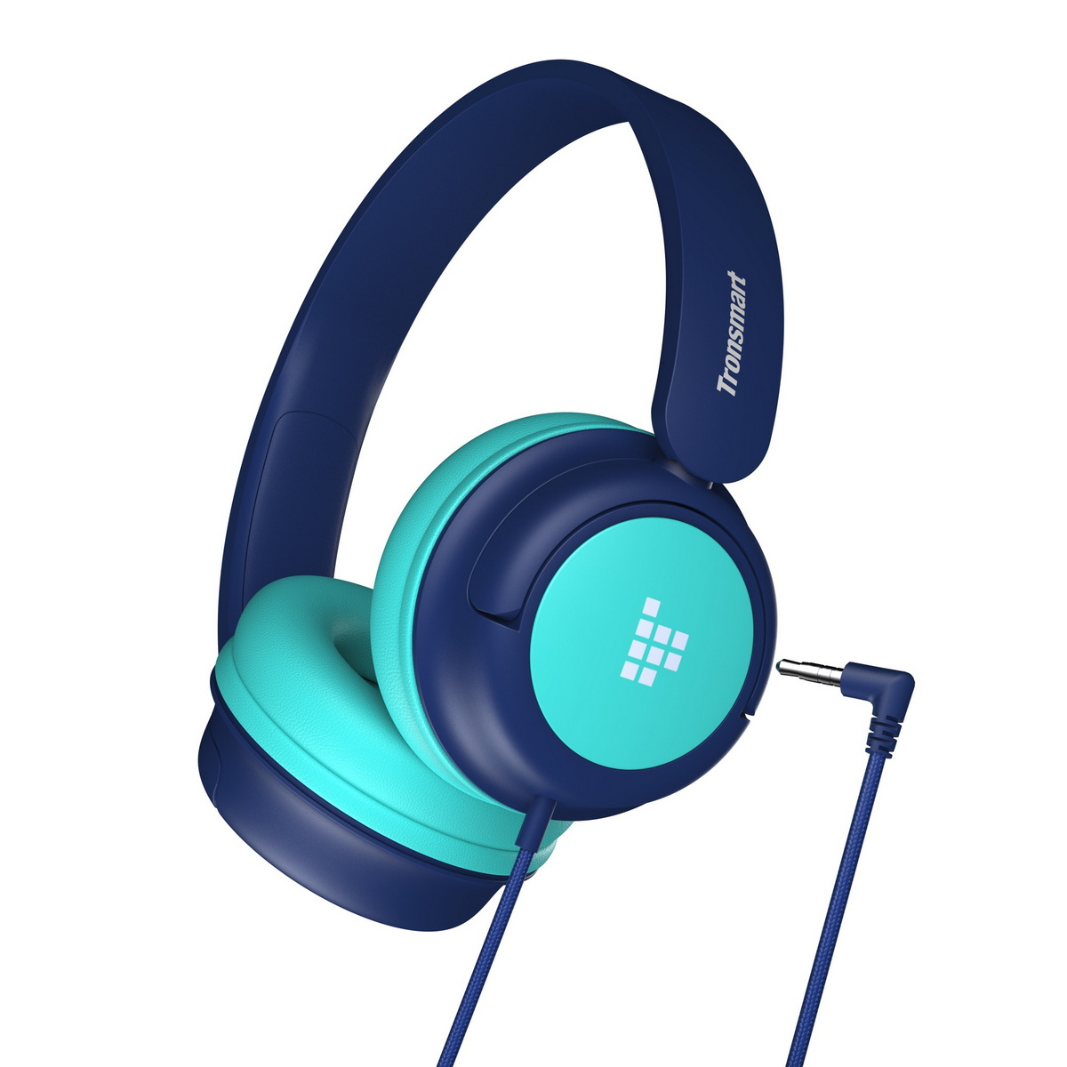 Cuffie blu e verde acqua con cavo. Il marchio Tronsmart è visibile.
