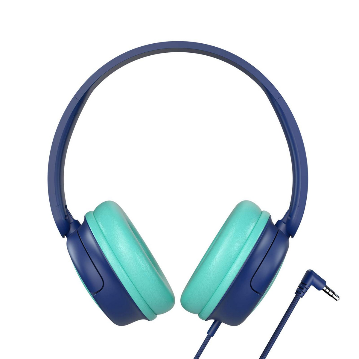 Cuffie blu e verde acqua. Il cavo ha un jack audio da 3,5 mm.