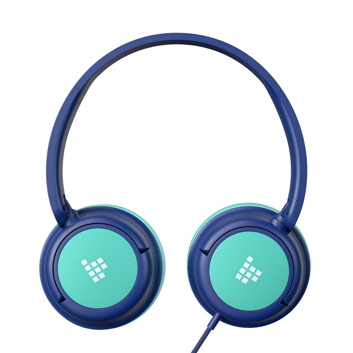 Cuffie blu e verde acqua con il logo, su sfondo bianco.