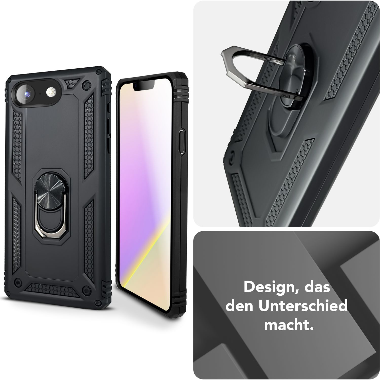 Custodia per telefono nera con anello di supporto, che mostra caratteristiche e dettagli del design.