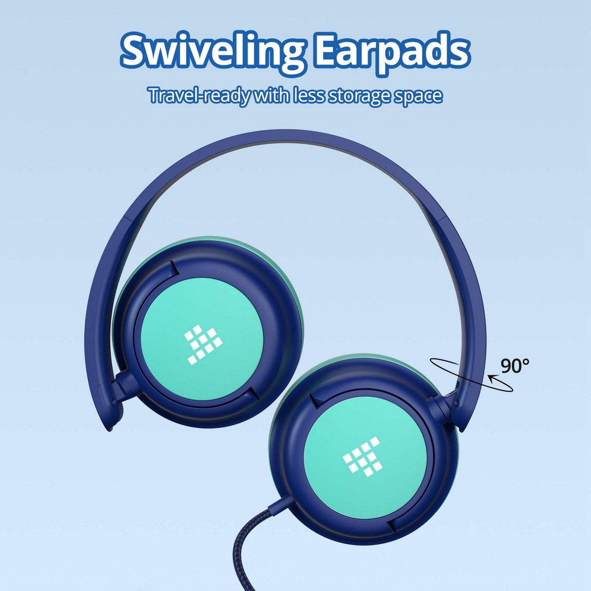 Cuffie blu e verdi con padiglioni girevoli. Testo indica design da viaggio.