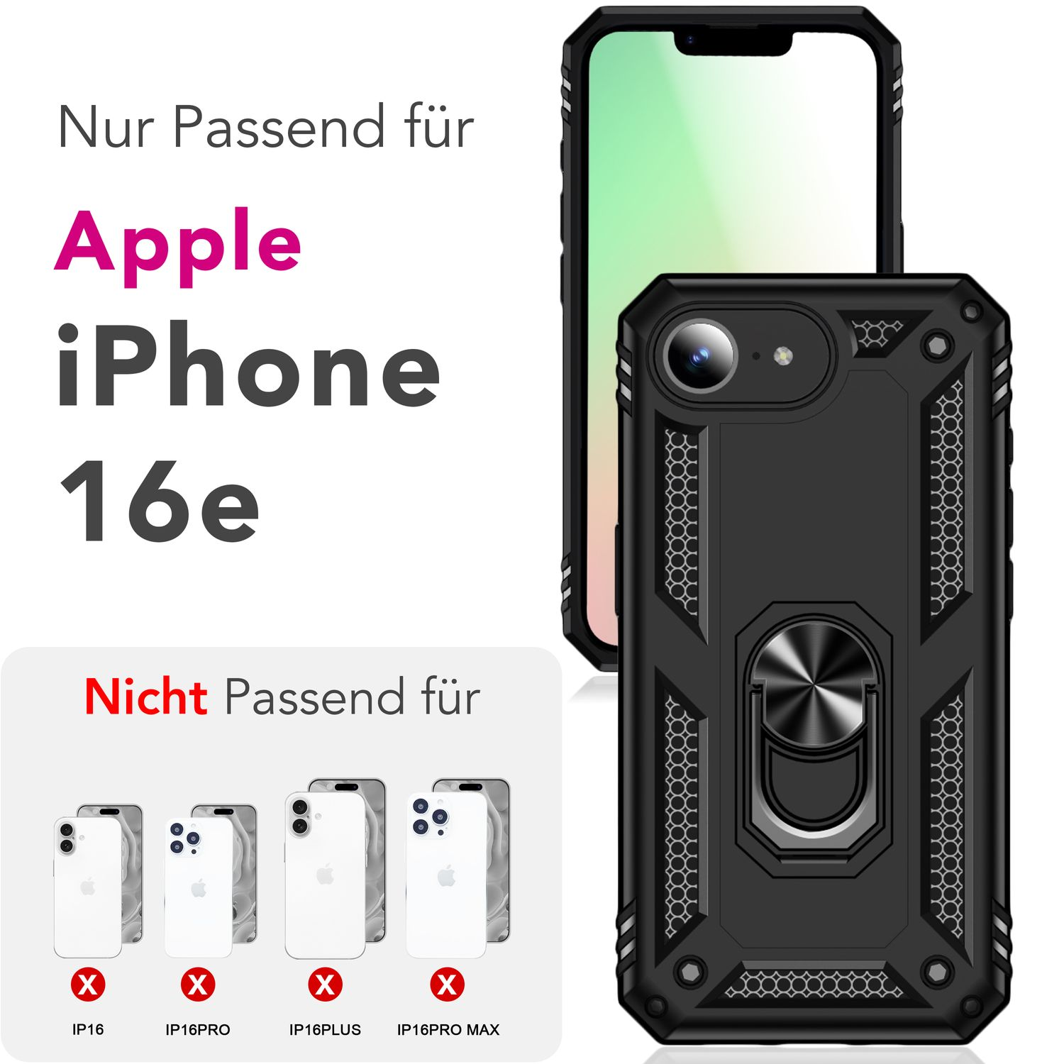Custodia nera con supporto ad anello. Testo indica compatibilità con Apple iPhone 16e.