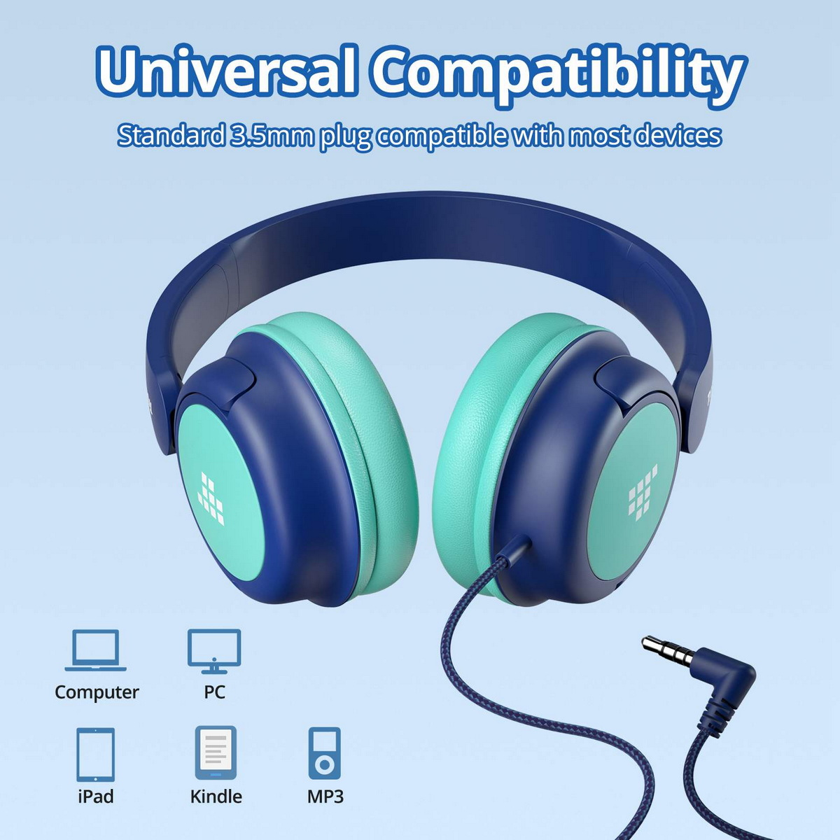 Cuffie blu e verdi con cavo e icone di dispositivi: computer, iPad, Kindle e MP3.