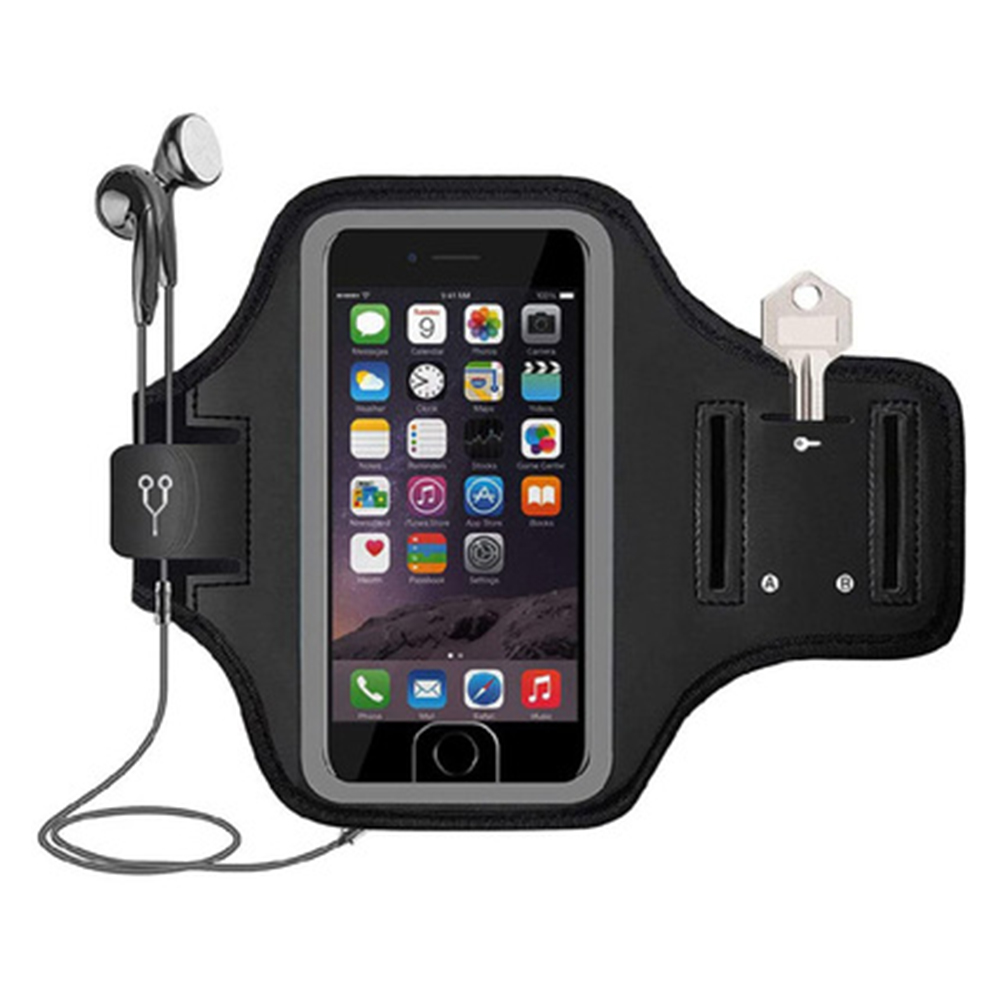 Schwarze Armbinde mit Telefon, Kopfhörern und Schlüssel. Weißer Hintergrund.