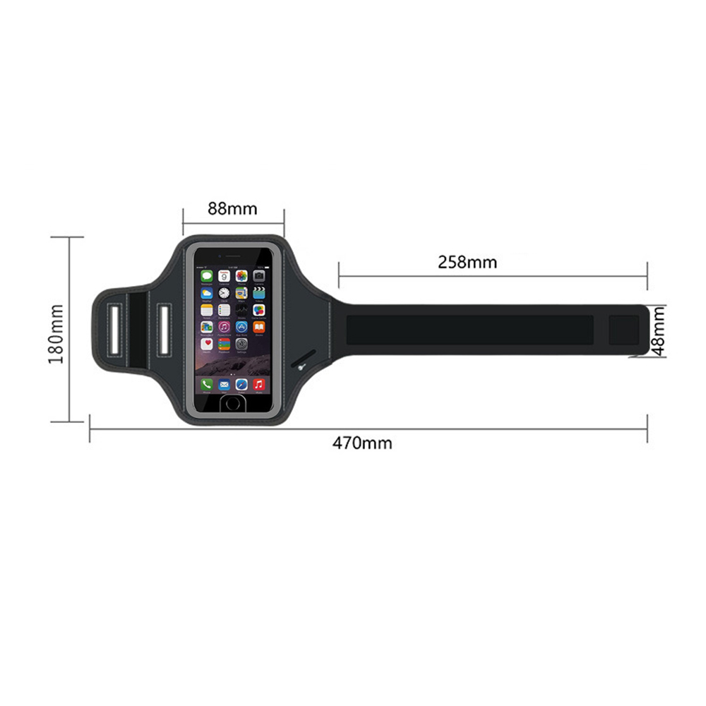 Schwarzes Armband für ein Telefon mit Maßangaben, 180 mm x 88 mm x 258 mm.