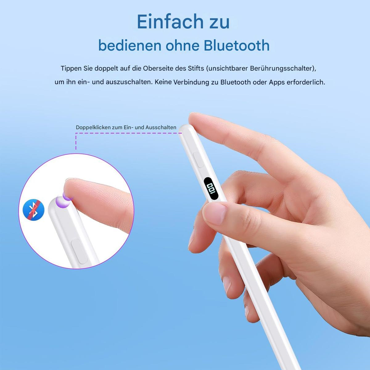 Hand berührt einen weißen Stift, mit deutschem Text über Bluetooth-freien Betrieb.