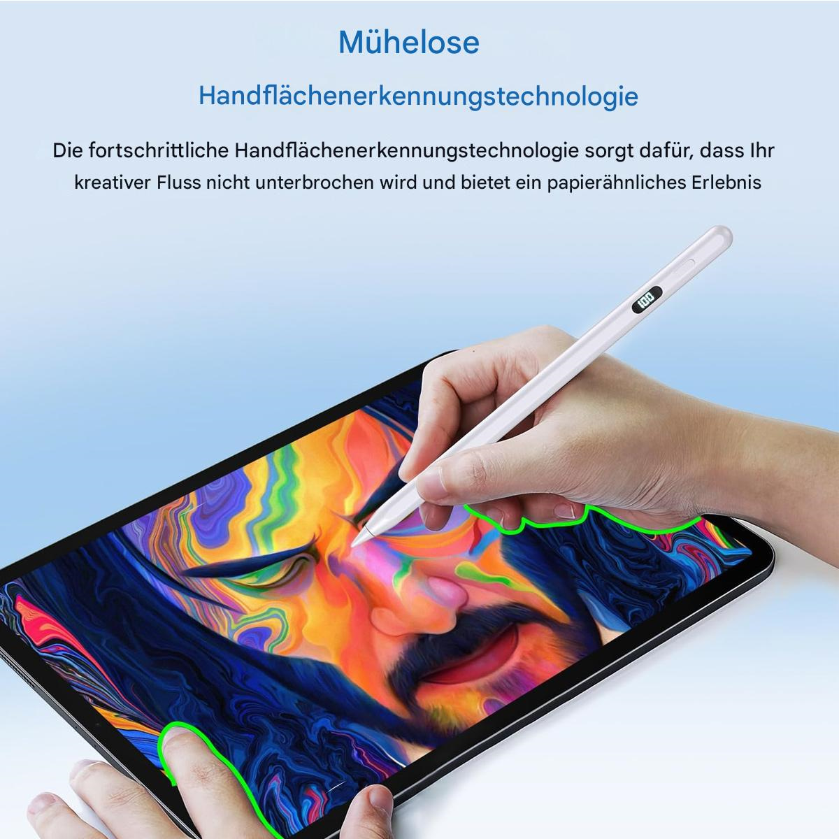 Hand hält weißen Stift über Tablet, zeichnet. Tablet zeigt farbenfrohes Porträt.