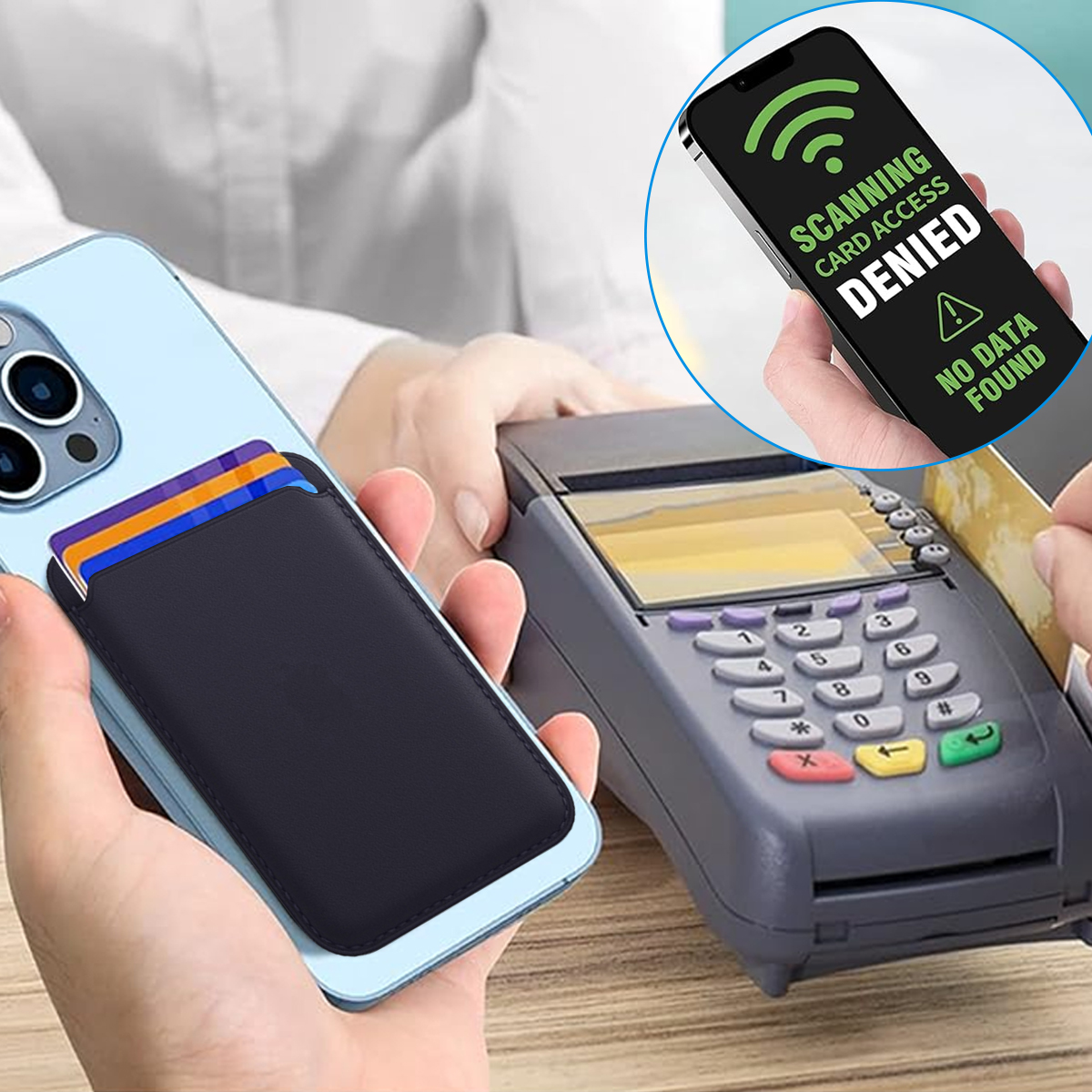 Telefon zeigt 'Kartenlesezugang verweigert'. Es wird mit Kartenhalter und Terminal gehalten.