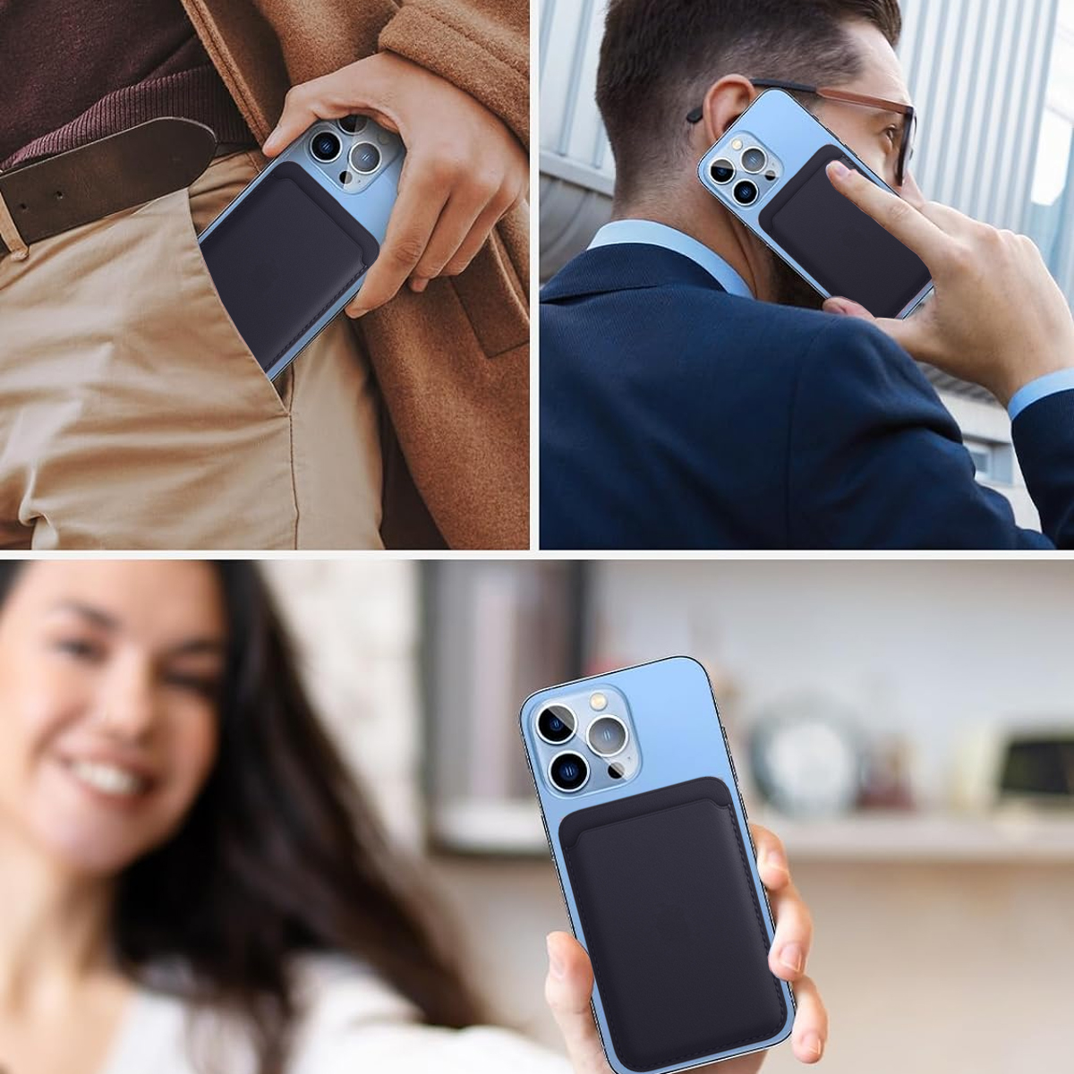 Mehrere Bilder von Telefonen mit Kartenhaltern in Taschen und beim Telefonieren.