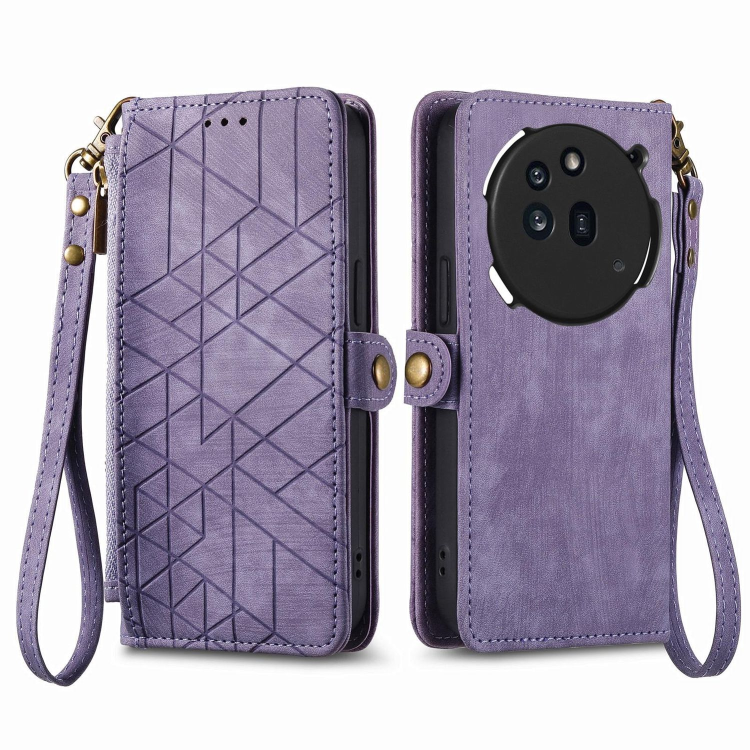 Lila Handyhülle mit geometrischem Muster. Lässt sich öffnen, um Telefon, Kartenfächer und eine Handschlaufe freizulegen. Verschluss ist goldfarben.