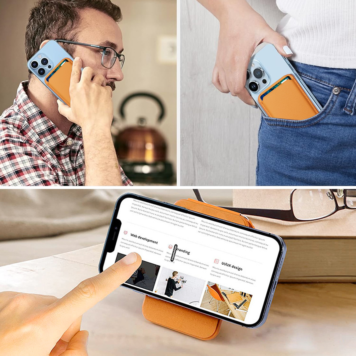 Drei Bilder einer Handyhülle mit Kartenhalter. Telefon in Hand, Tasche und auf Ständer.