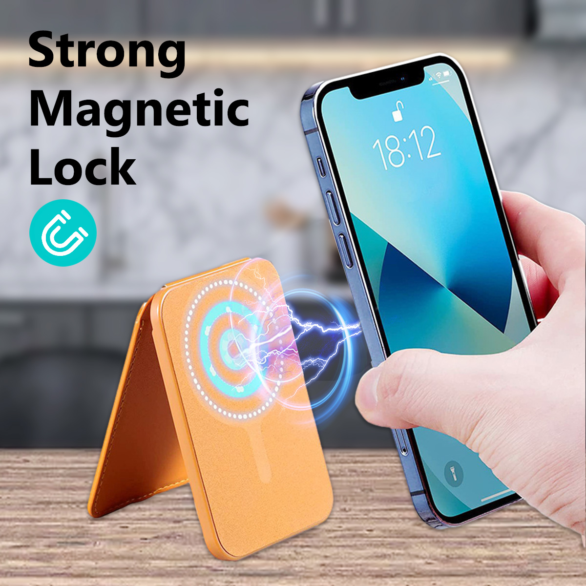 Ein Telefon mit angebrachtem magnetischem Kartenhalter, auf einem Holztisch. Text: Starker Magnetverschluss.
