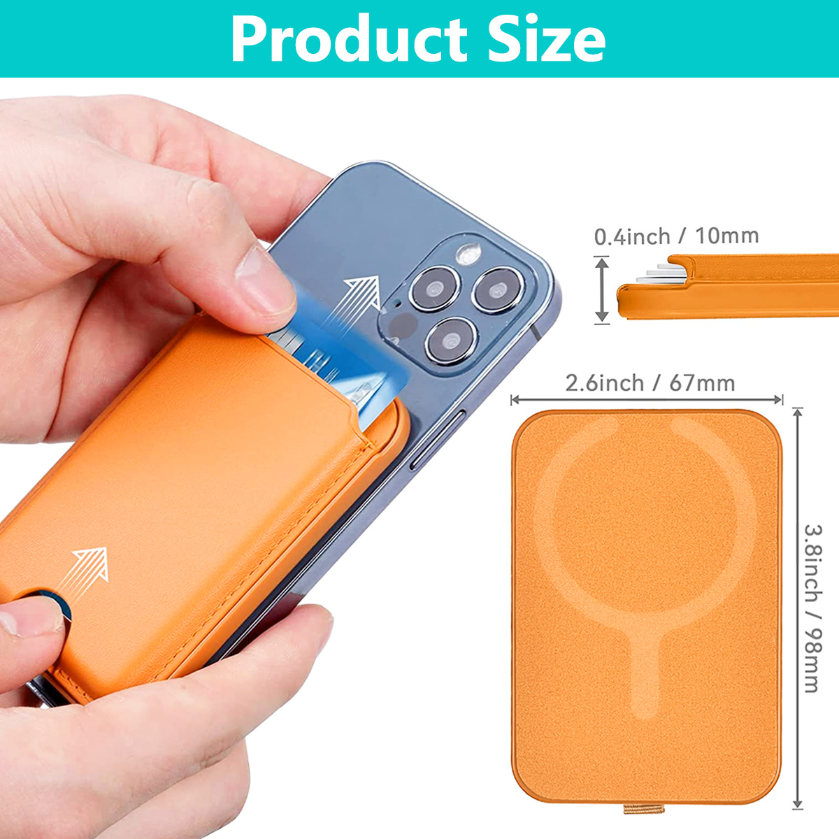 Ein Telefon mit Kartenhalter, Abmessungen werden angezeigt. Der Kartenhalter ist orange, das Telefon ist blau.