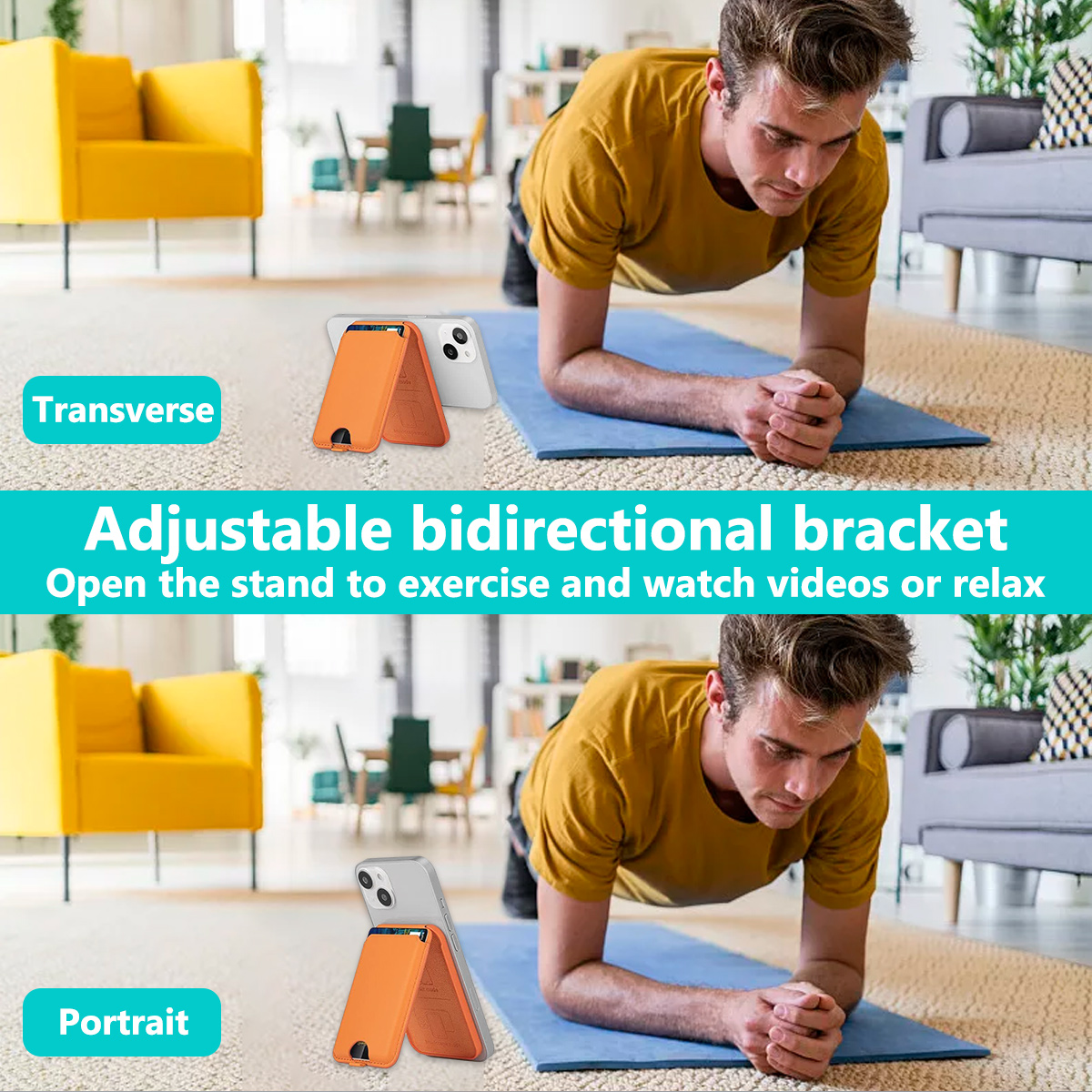 Ein Mann plankt auf einer Matte mit einem Telefonhalter. Zwei Telefone werden mit dem Halter in verschiedenen Positionen gezeigt.