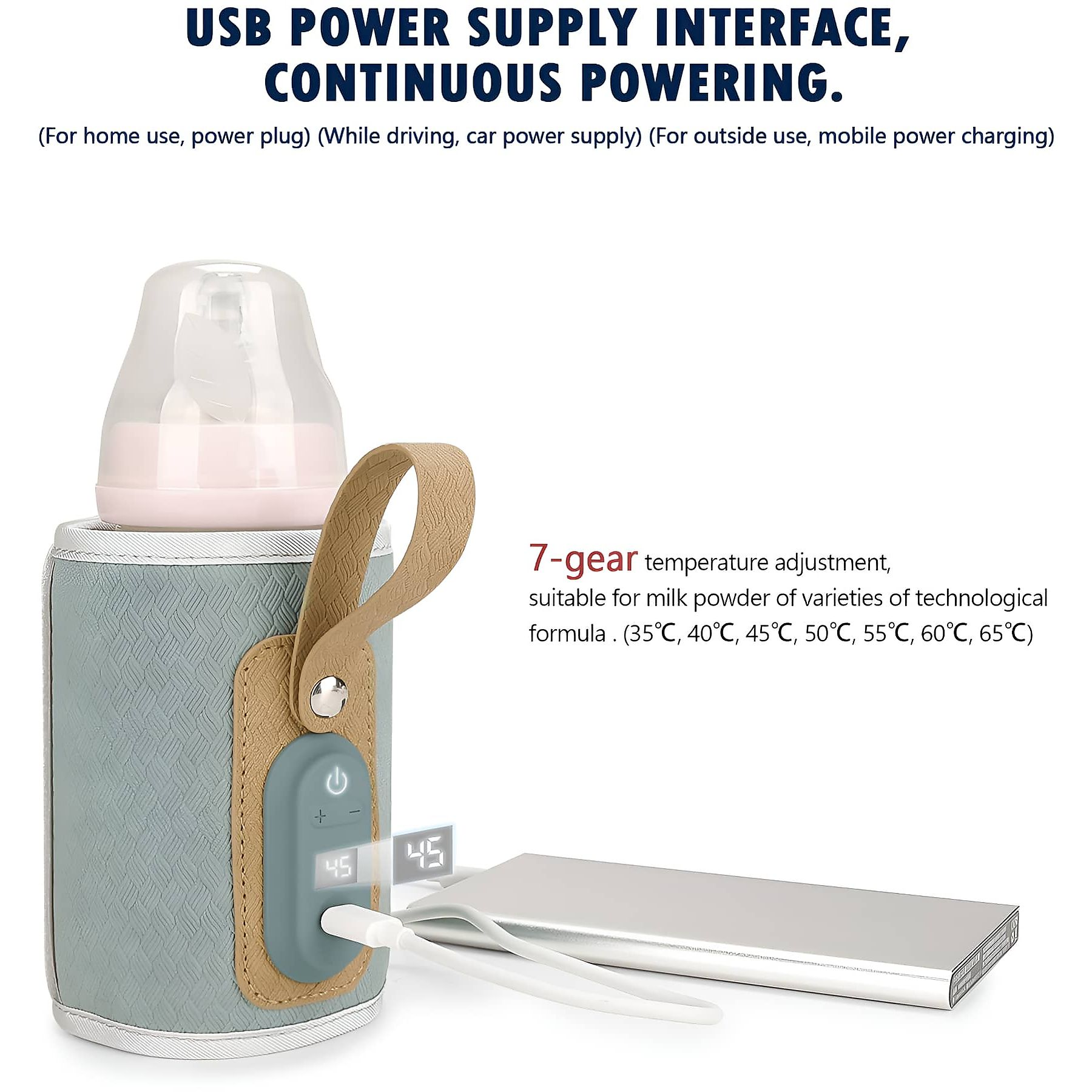 Babyflaschenwärmer mit Digitalanzeige, Powerbank. Text: USB-Stromversorgung, Dauerstrom.