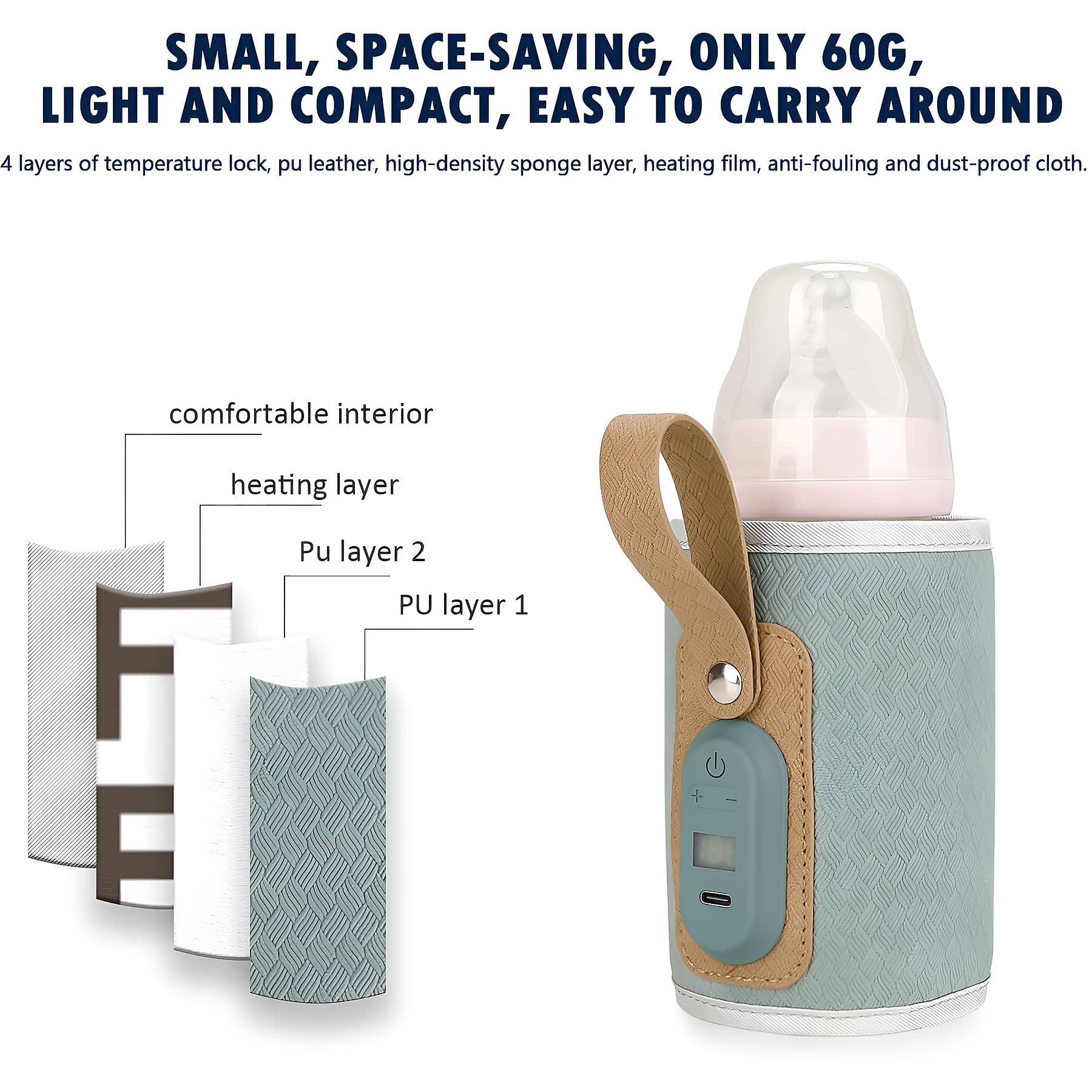 Babyflaschenwärmer mit Schichten und Flasche. Text: leicht, kompakt, einfach zu tragen.