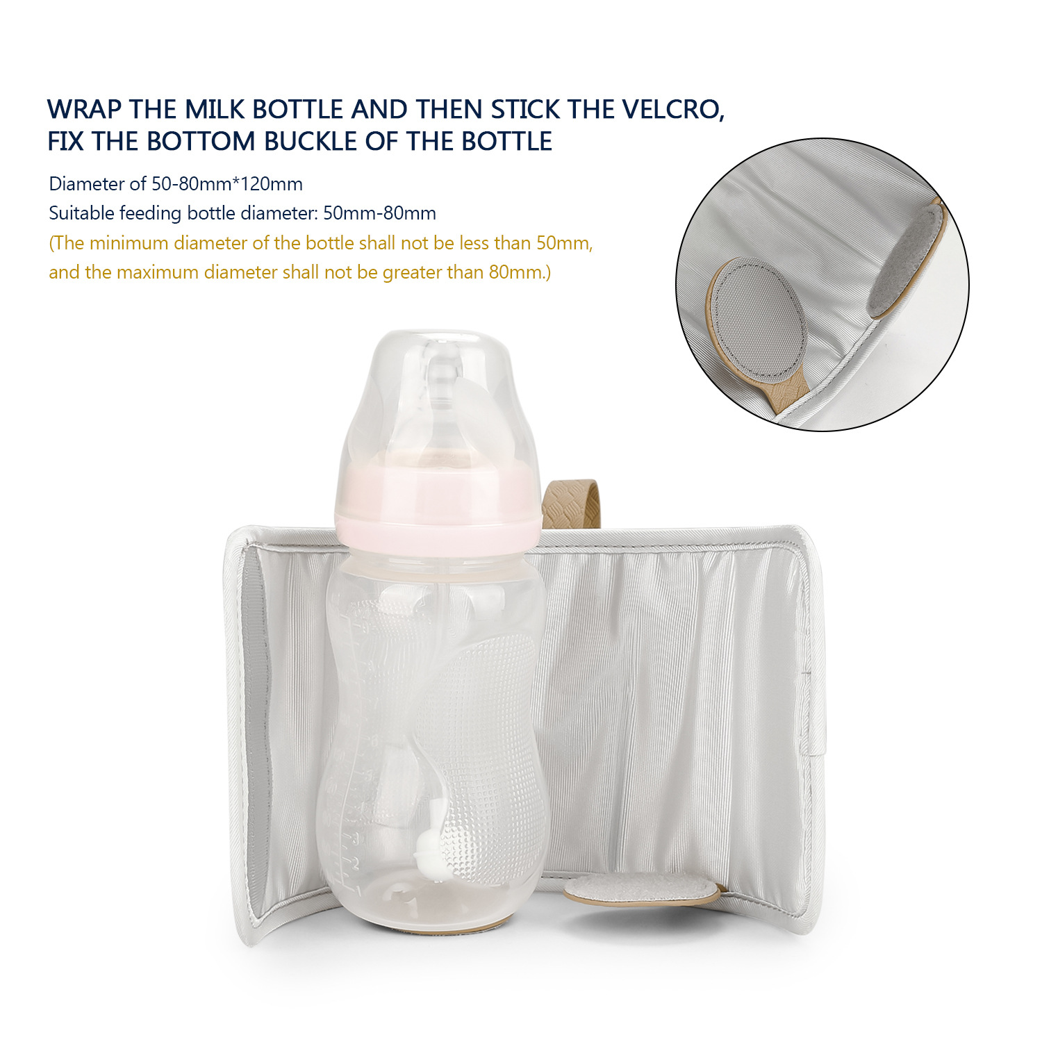 Babyflasche in weißem isolierten Etui. Klettverschluss. Text: Flasche umwickeln, unteren Schnallen fixieren.