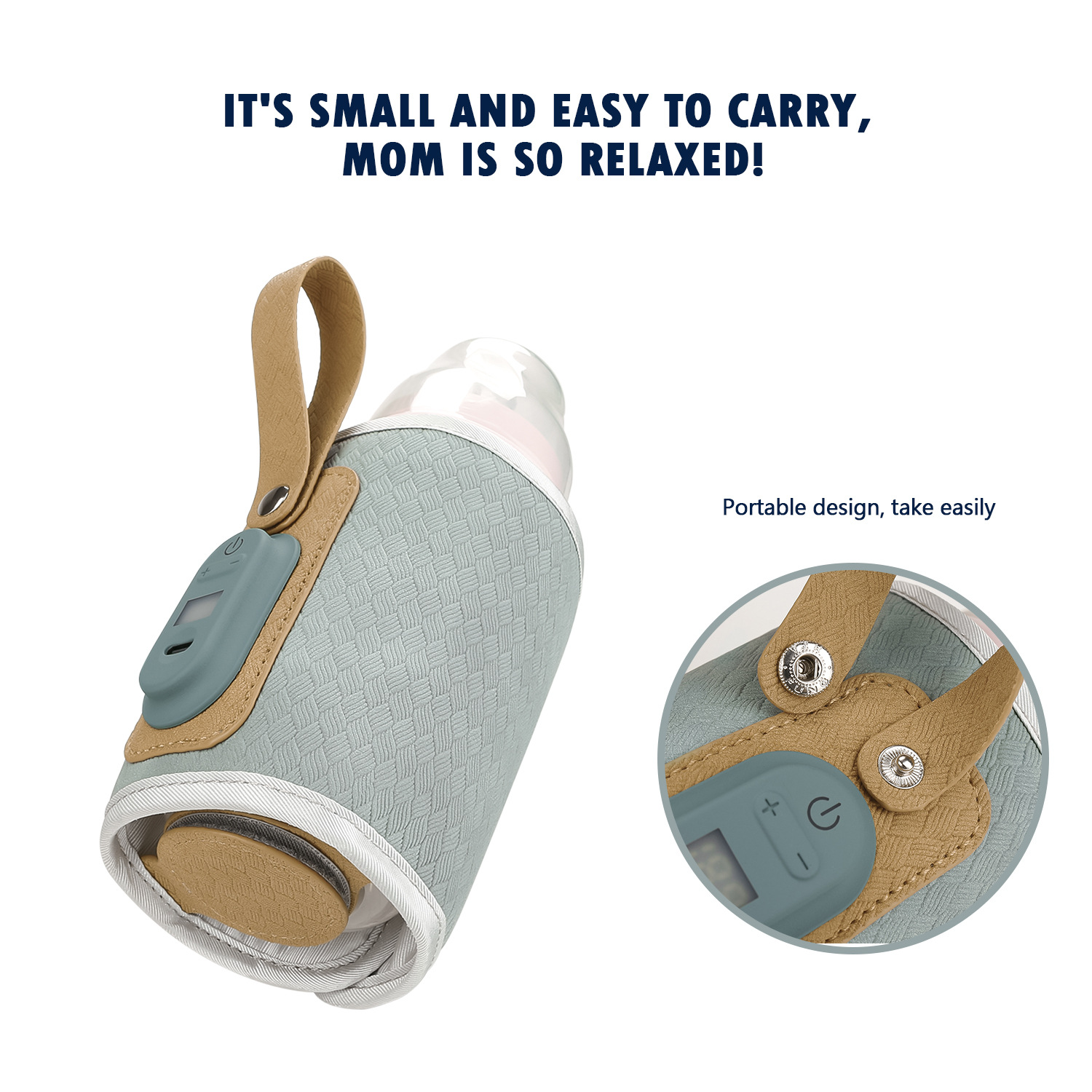 Babyflaschenwärmer, blau und braun. Text: Klein und leicht zu tragen, Mama ist so entspannt!