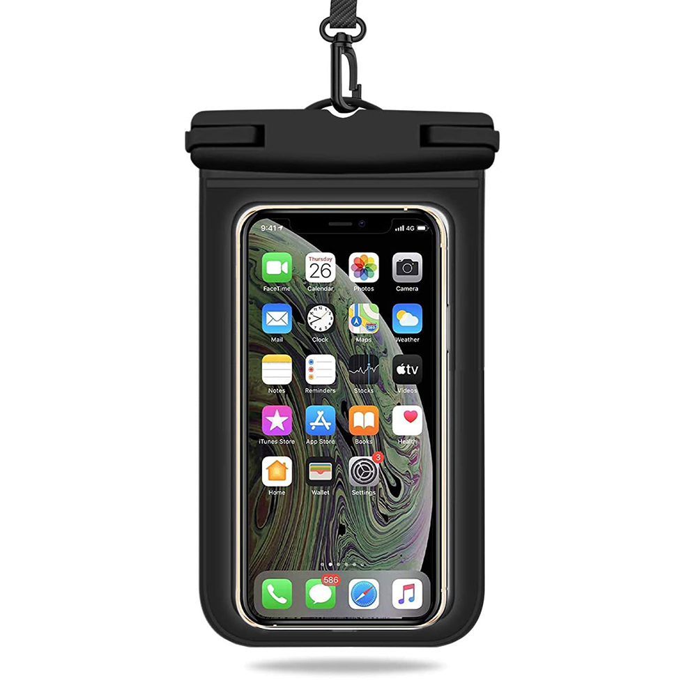 Schwarze wasserdichte Handyhülle mit Telefon, Homescreen.