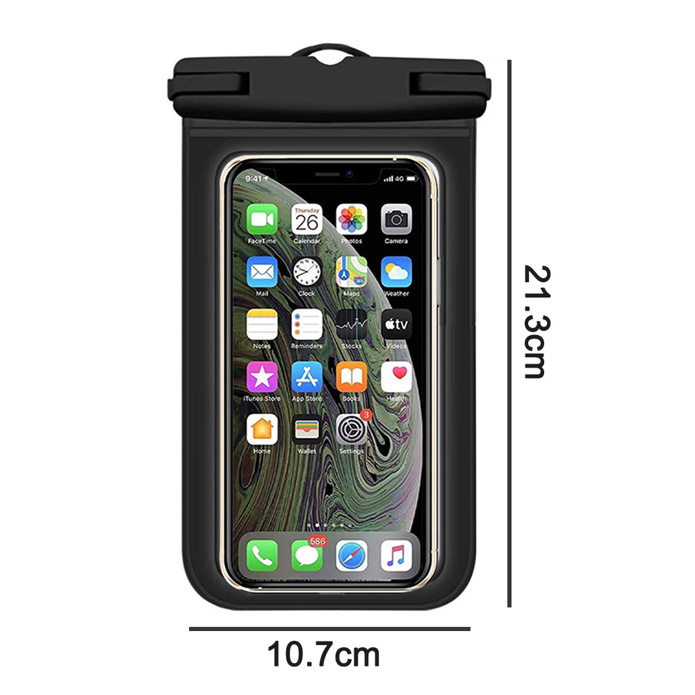 Eine schwarze, wasserdichte Handytasche, die ein Telefon hält. Die Hülle ist 21,3 cm hoch und 10,7 cm breit.