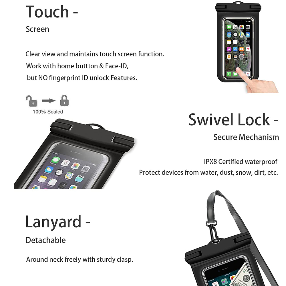 Telefon in wasserdichter Hülle. Text: Touchscreen, Drehverschluss, Schlüsselband. Klar, versiegelt.