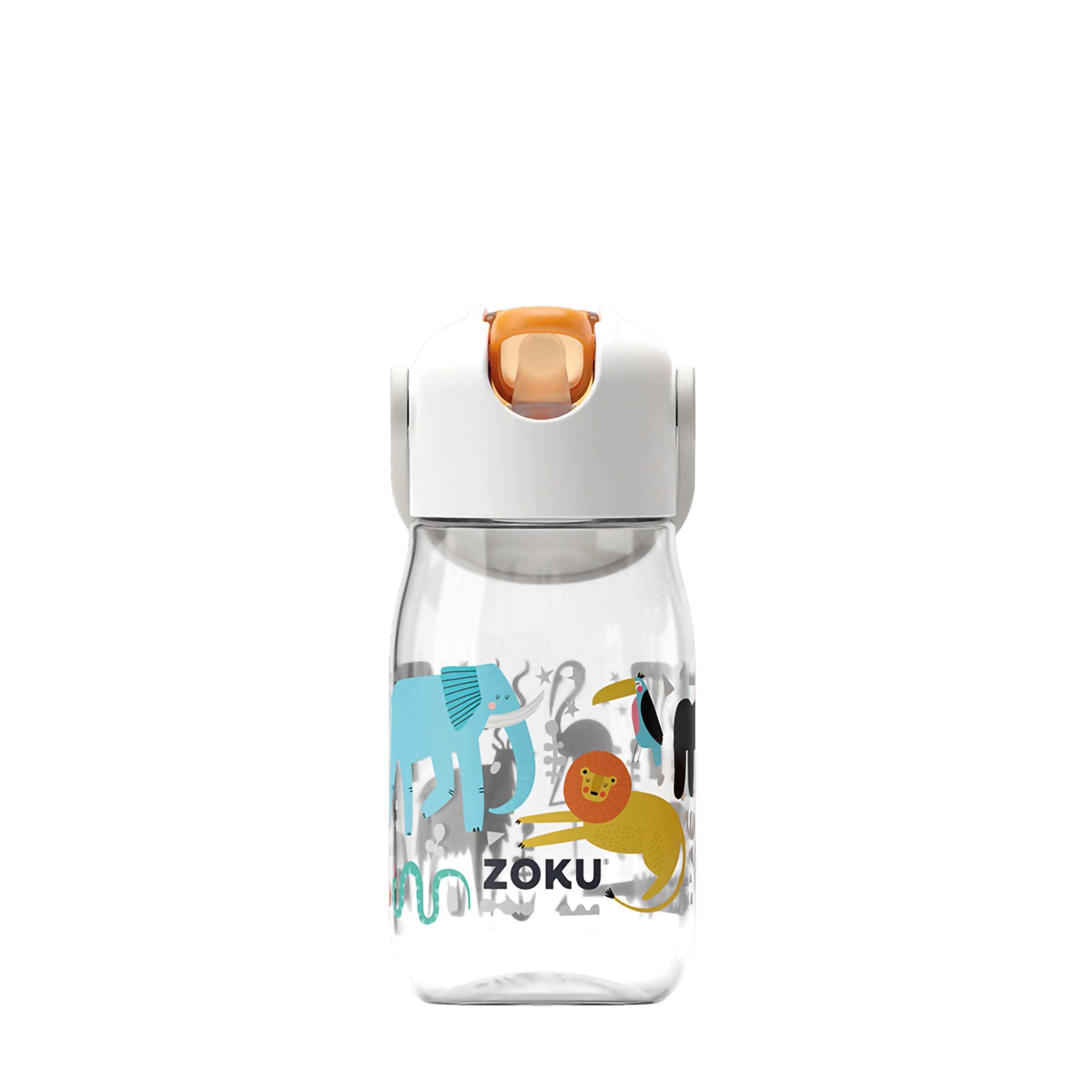 Eine klare Babyflasche mit bunten Tierillustrationen, einem weißen Deckel und einem orangefarbenen Ausguss.