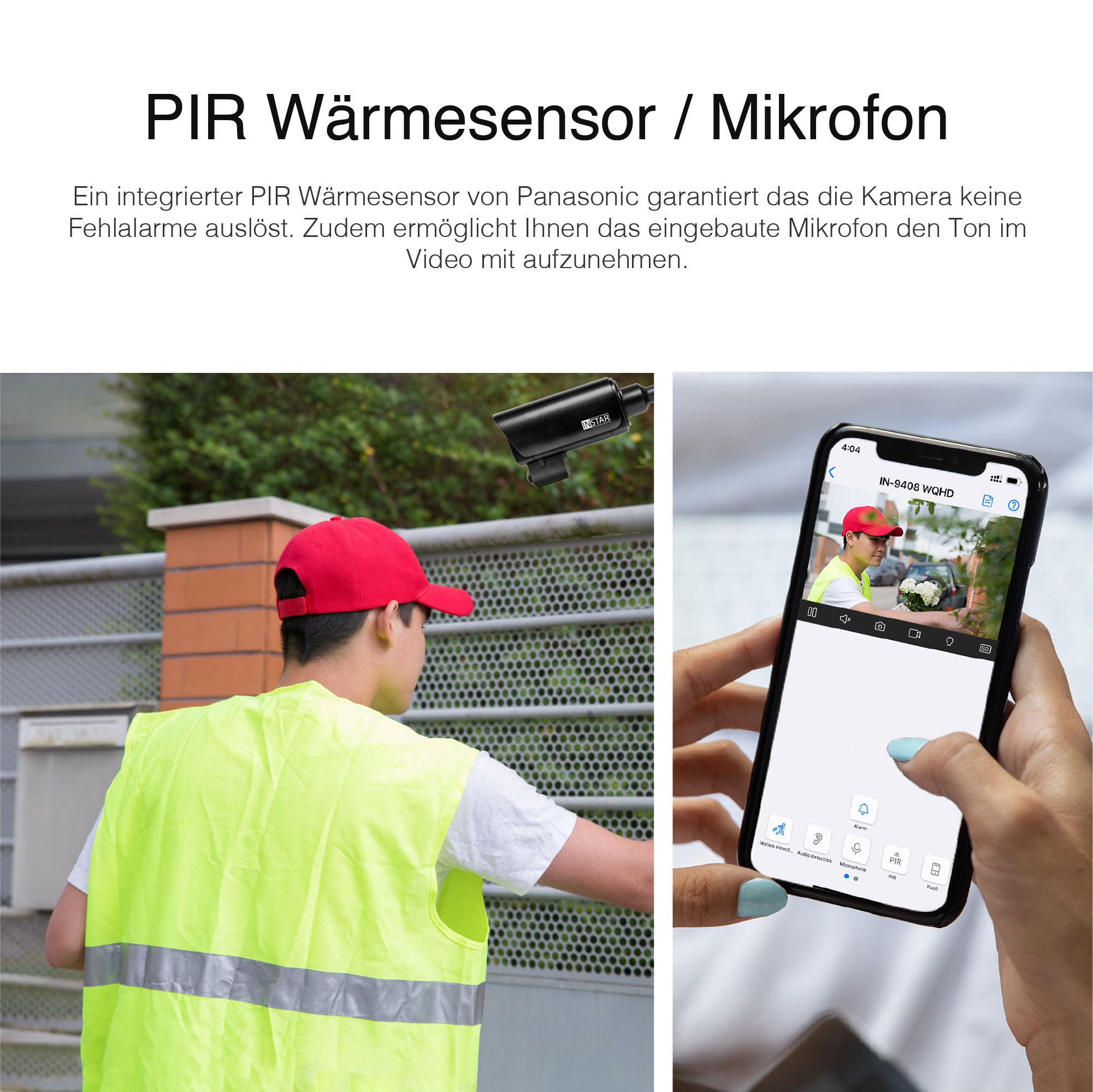 Bild zeigt Überwachungskamera, die eine Person in der Nähe eines Tors überwacht, mit Live-Feed auf dem Telefon.