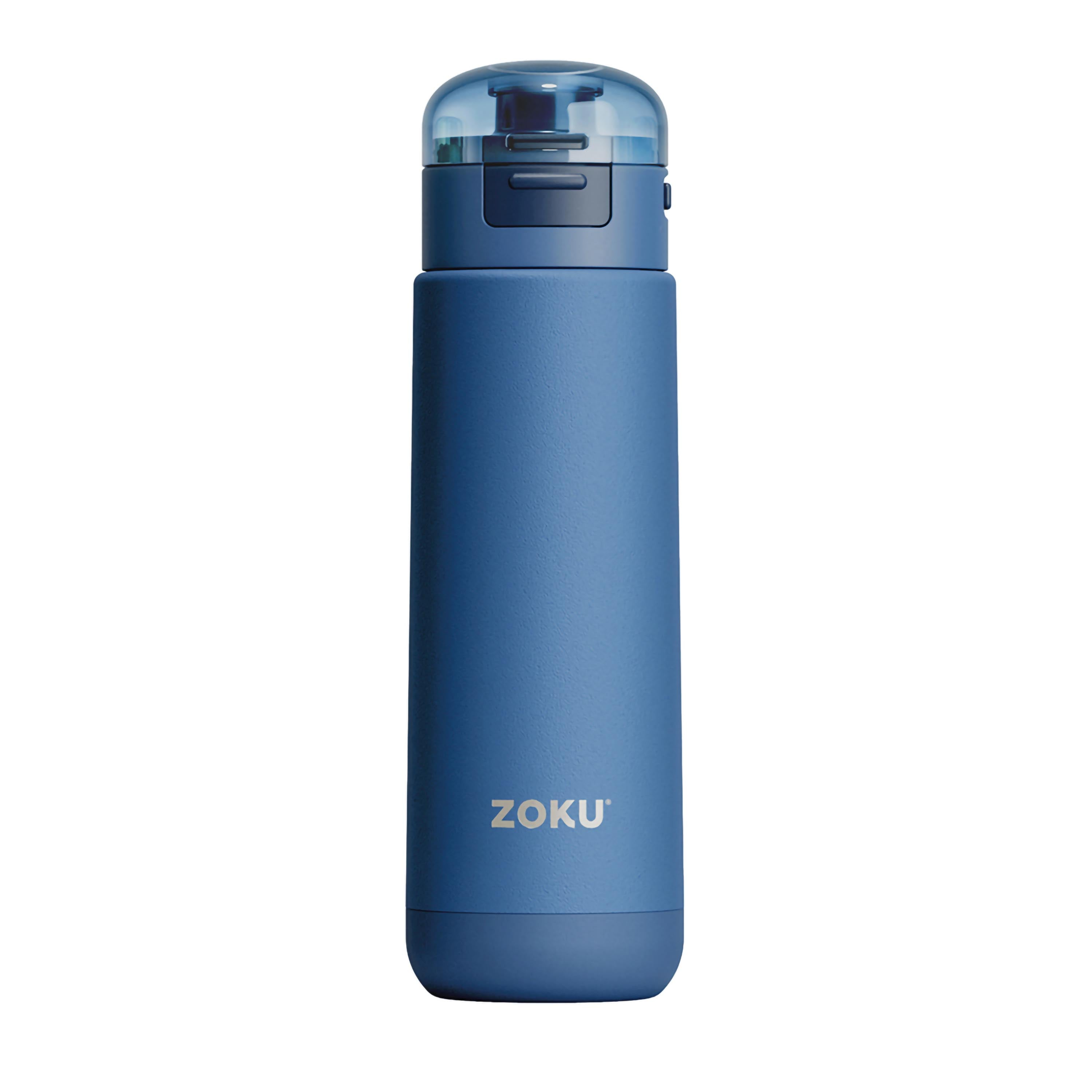 Eine blaue isolierte Wasserflasche mit dunkelblauem Deckel und der Marke 'ZOKU' auf dem Körper.